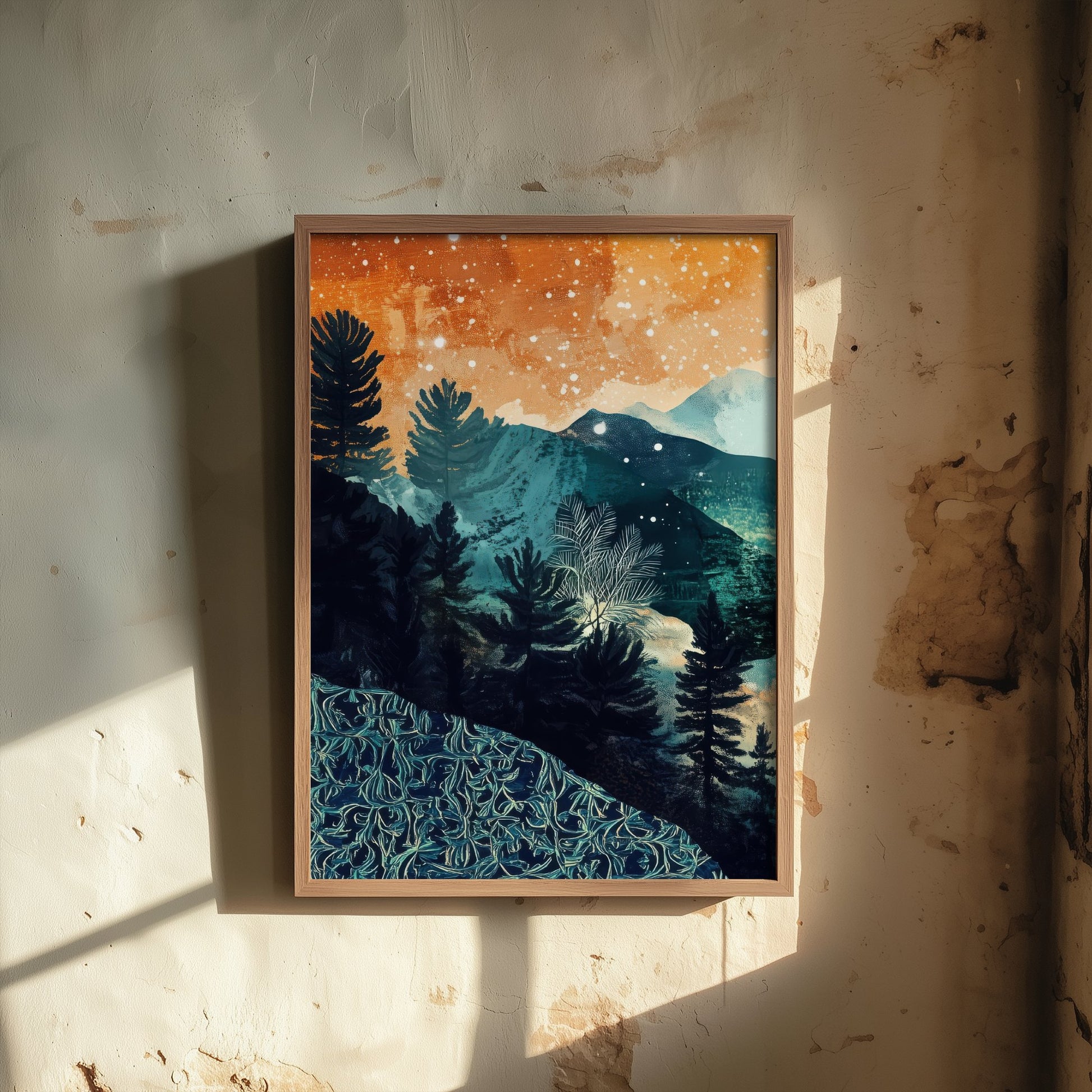 Abstract Mountain Art Print - Teal and Orange Boho Landscape Poster - Mid Century Forest Painting - Starry Sky V11 1/3