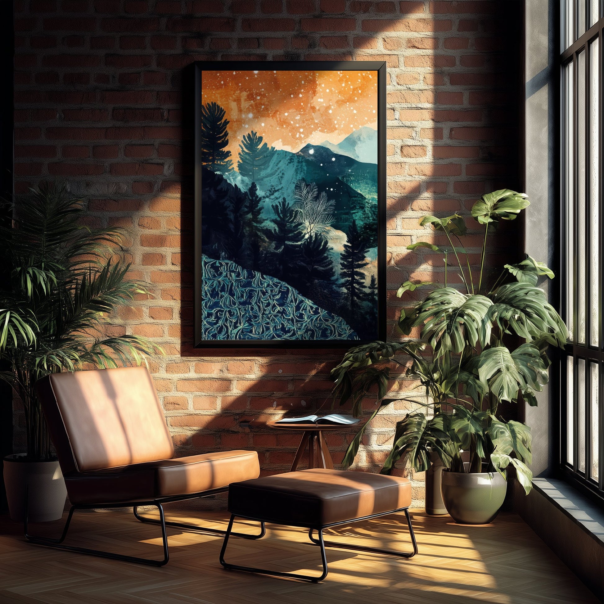 Abstract Mountain Art Print - Teal and Orange Boho Landscape Poster - Mid Century Forest Painting - Starry Sky V11 1/3