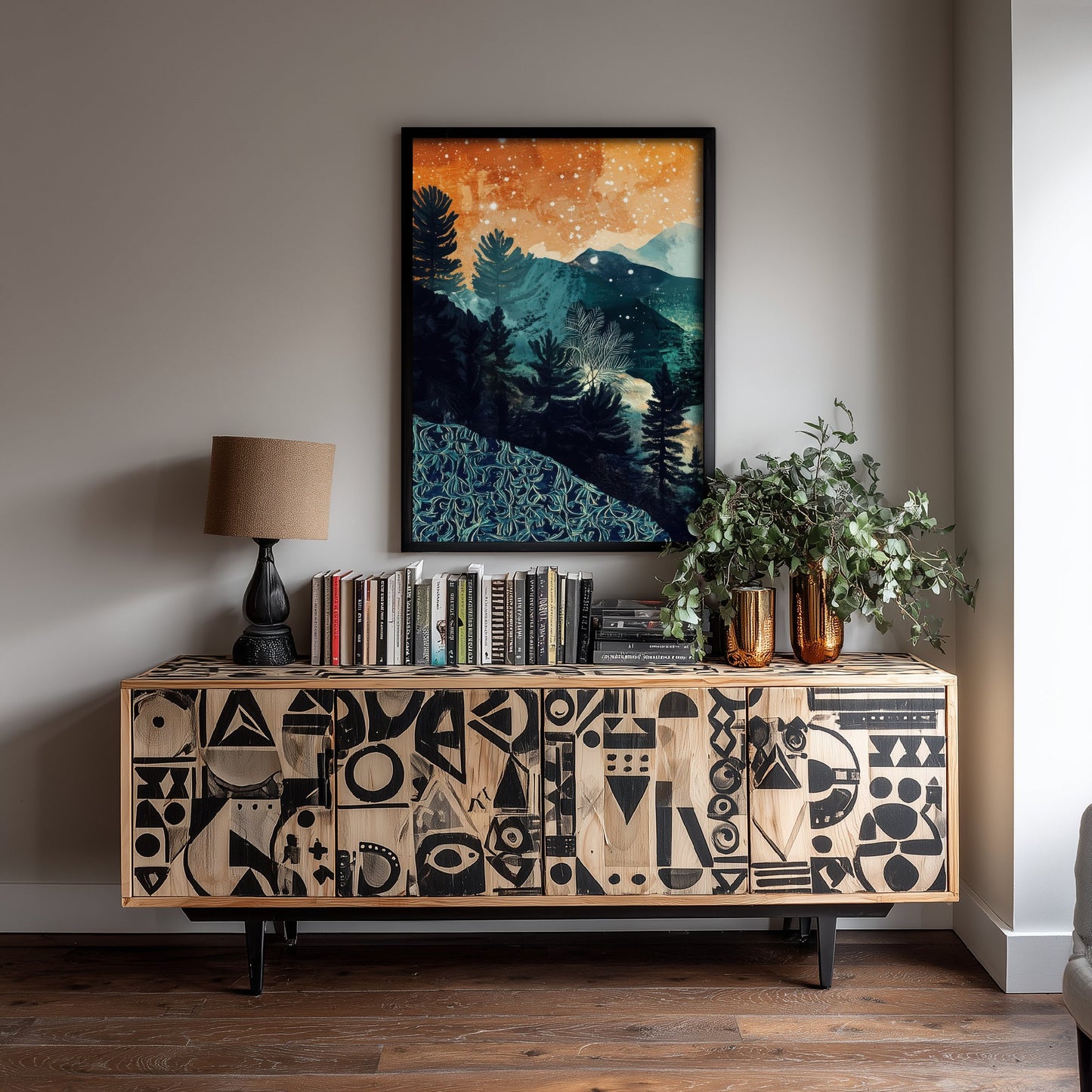 Abstract Mountain Art Print - Teal and Orange Boho Landscape Poster - Mid Century Forest Painting - Starry Sky V11 1/3