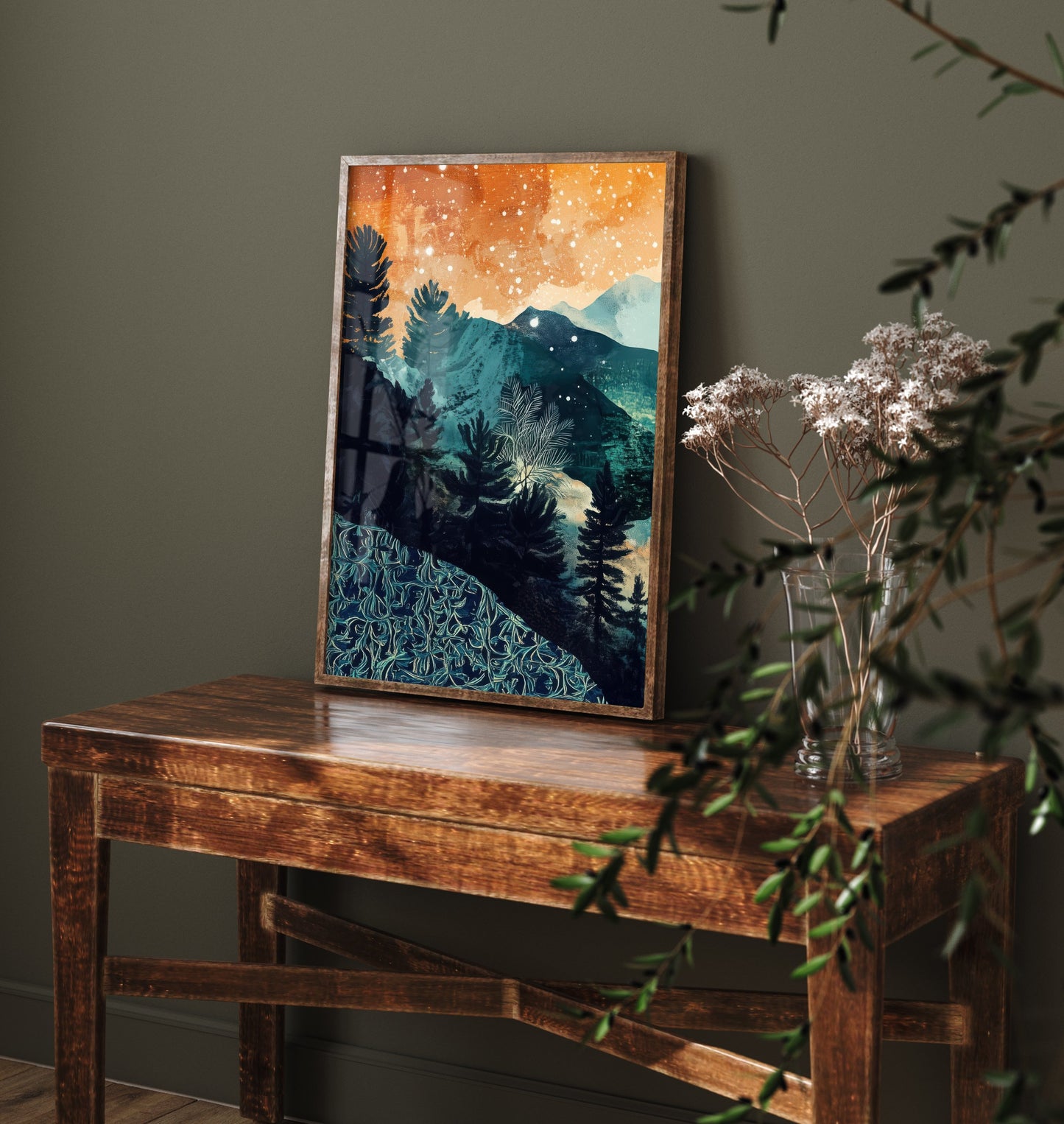 Abstract Mountain Art Print - Teal and Orange Boho Landscape Poster - Mid Century Forest Painting - Starry Sky V11 1/3