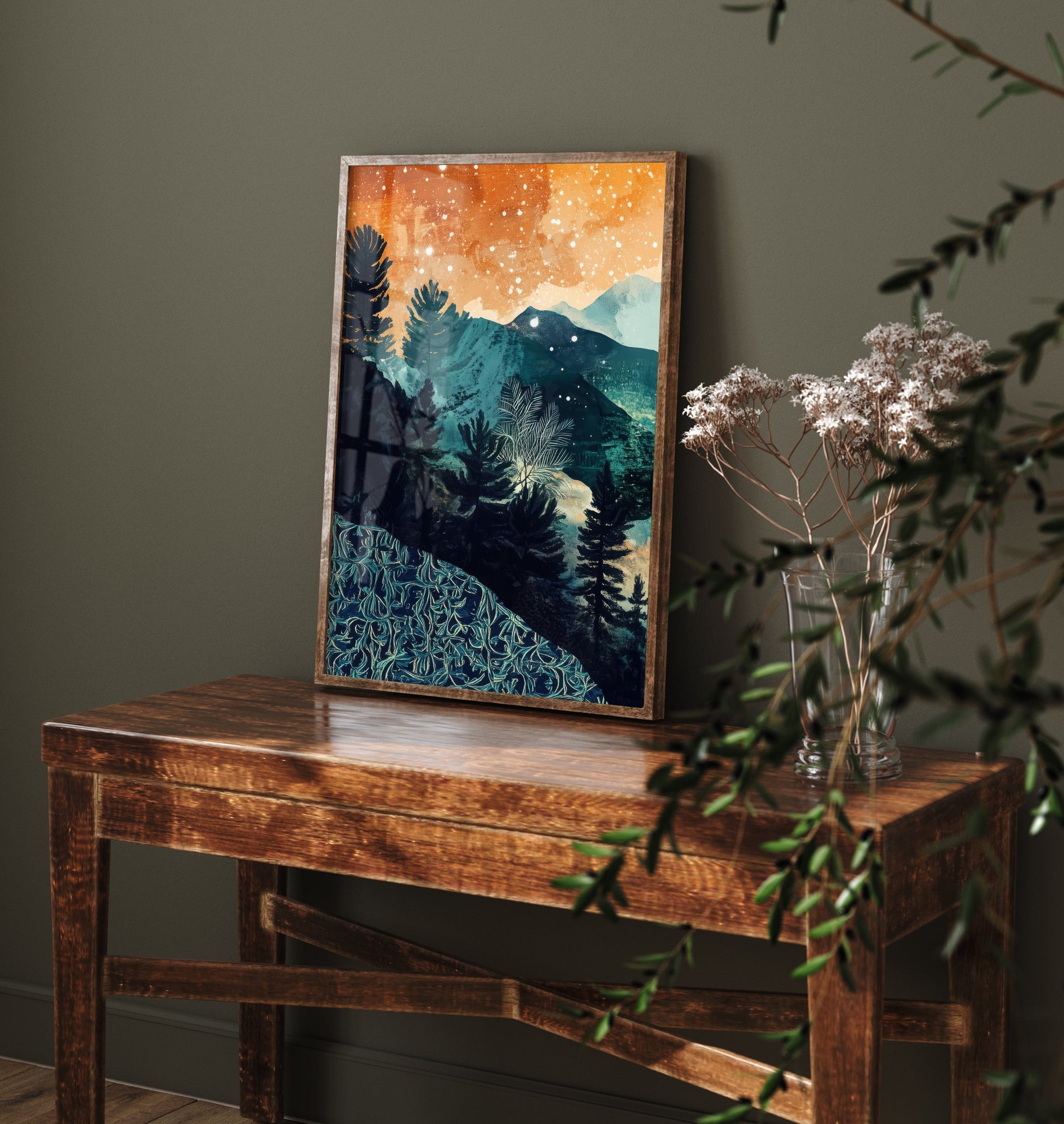 Abstract Mountain Art Print - Teal and Orange Boho Landscape Poster - Mid Century Forest Painting - Starry Sky V11 1/3