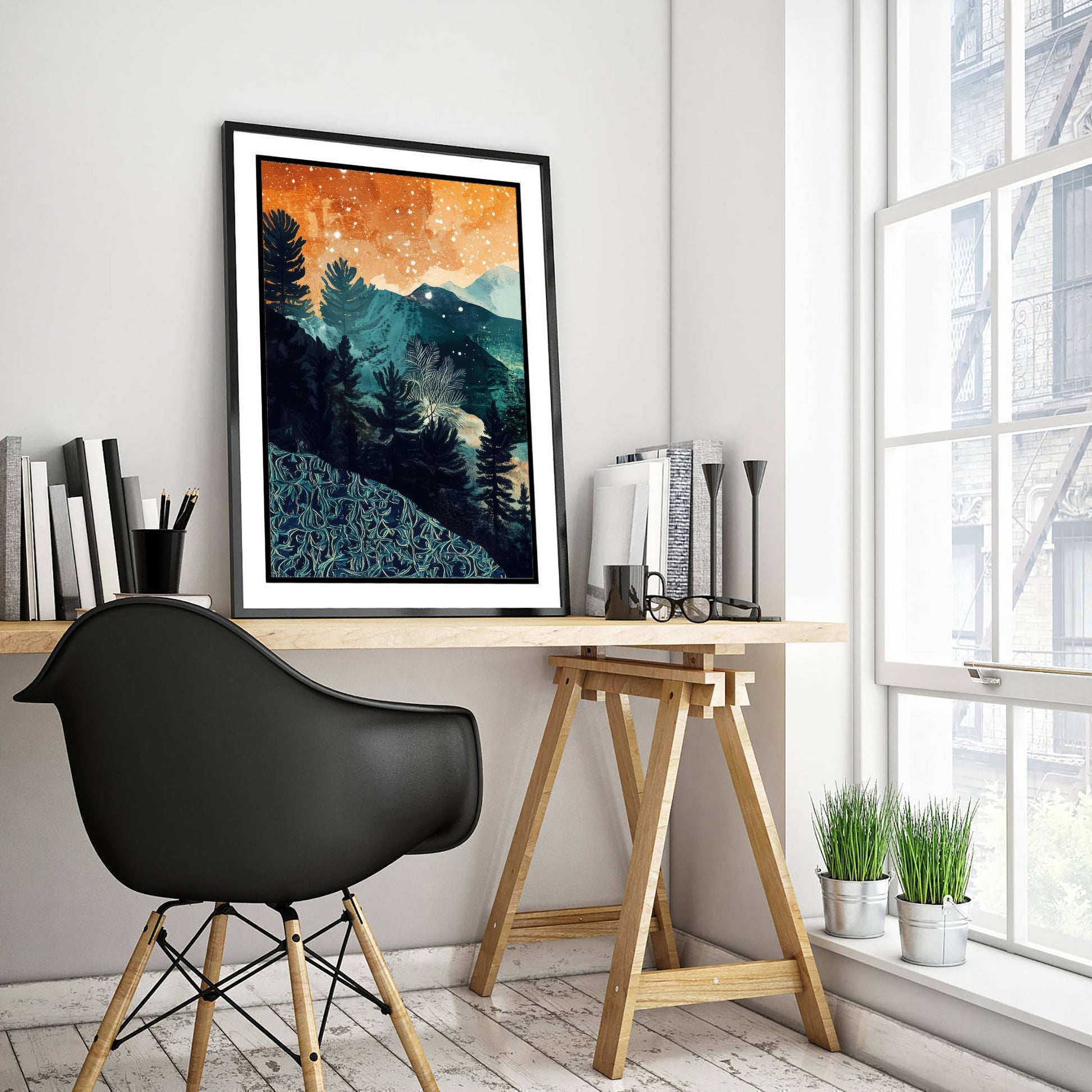Abstract Mountain Art Print - Teal and Orange Boho Landscape Poster - Mid Century Forest Painting - Starry Sky V11 1/3
