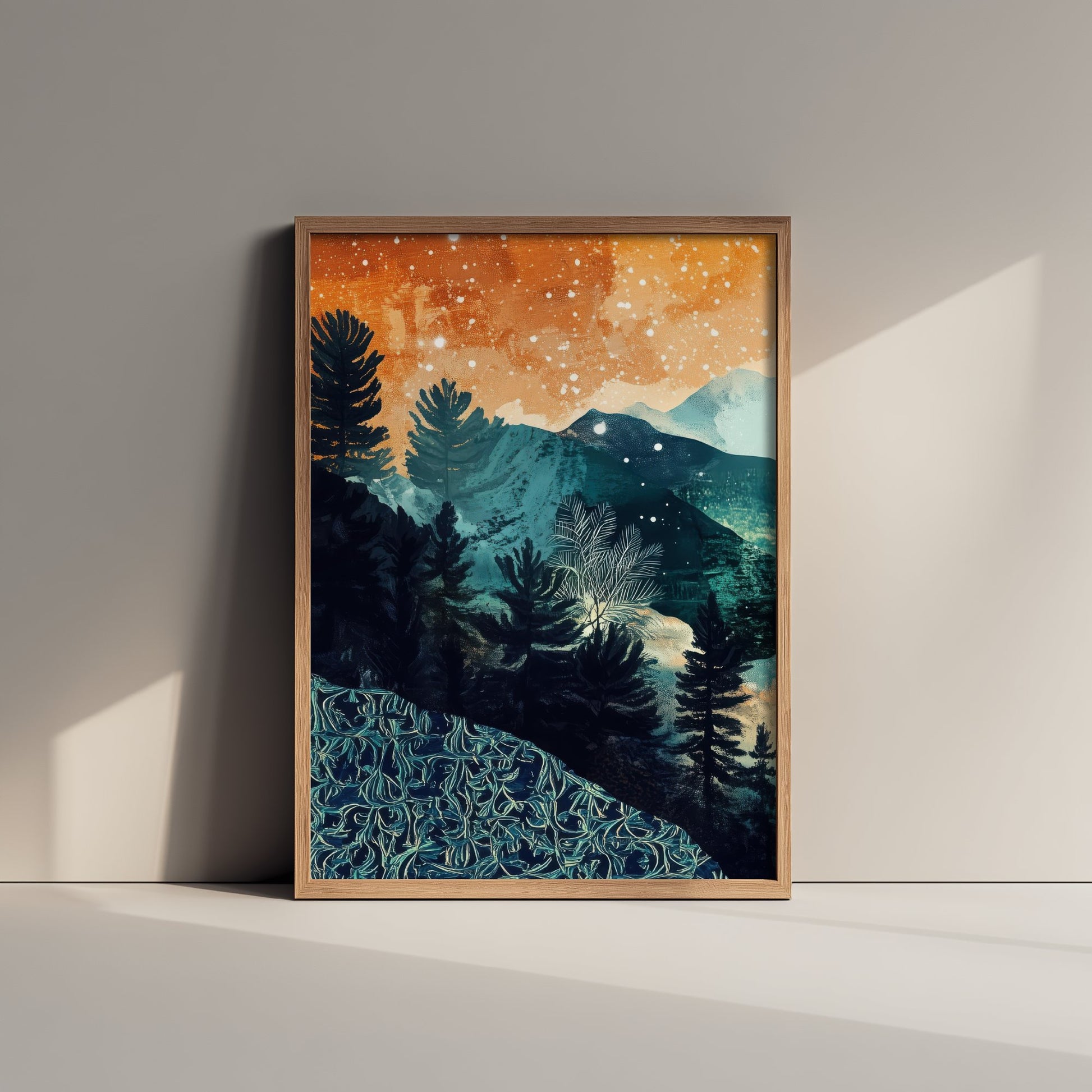 Abstract Mountain Art Print - Teal and Orange Boho Landscape Poster - Mid Century Forest Painting - Starry Sky V11 1/3