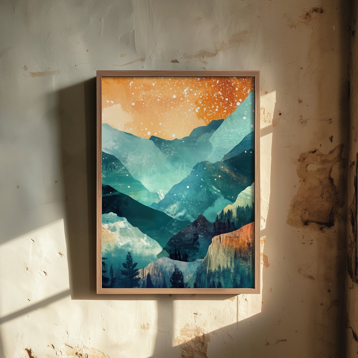 Abstract Mountain Valley Art Print - Teal and Orange Boho Landscape Poster - Mid Century Painting - Starry Sky V11 2/3