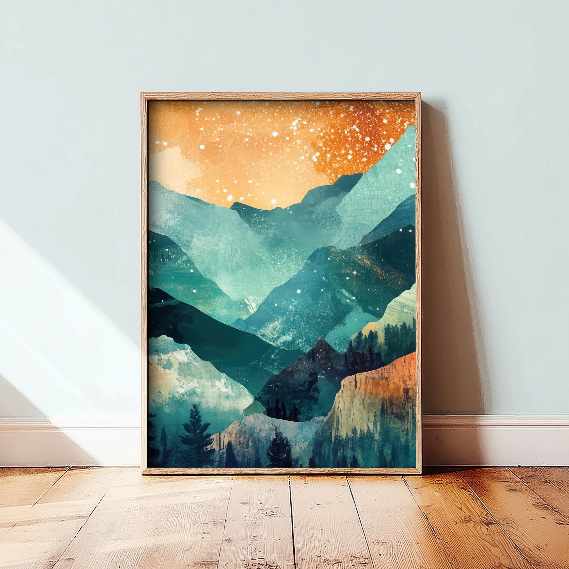 Abstract Mountain Valley Art Print - Teal and Orange Boho Landscape Poster - Mid Century Painting - Starry Sky V11 2/3