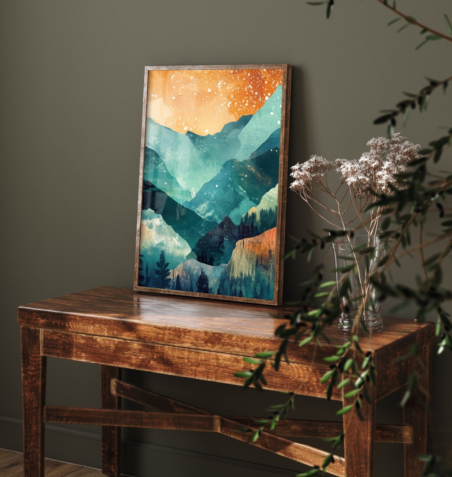 Abstract Mountain Valley Art Print - Teal and Orange Boho Landscape Poster - Mid Century Painting - Starry Sky V11 2/3
