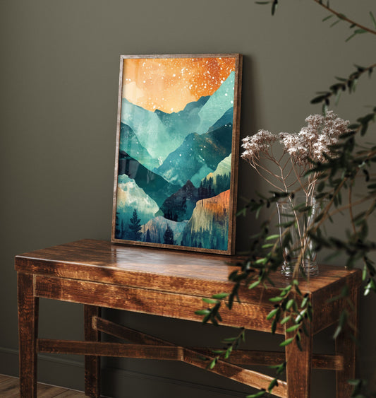 Abstract Mountain Valley Art Print - Teal and Orange Boho Landscape Poster - Mid Century Painting - Starry Sky V11 2/3