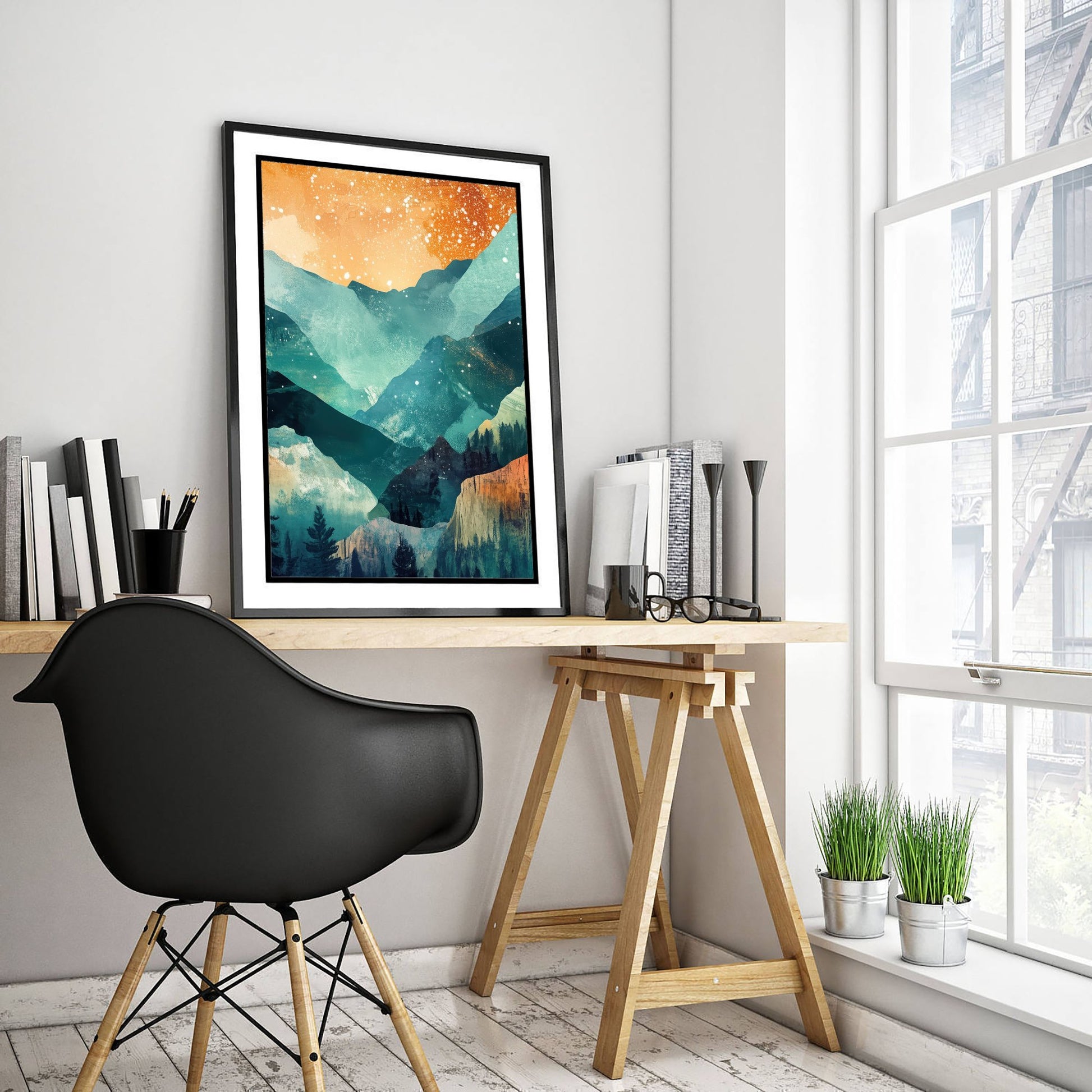Abstract Mountain Valley Art Print - Teal and Orange Boho Landscape Poster - Mid Century Painting - Starry Sky V11 2/3