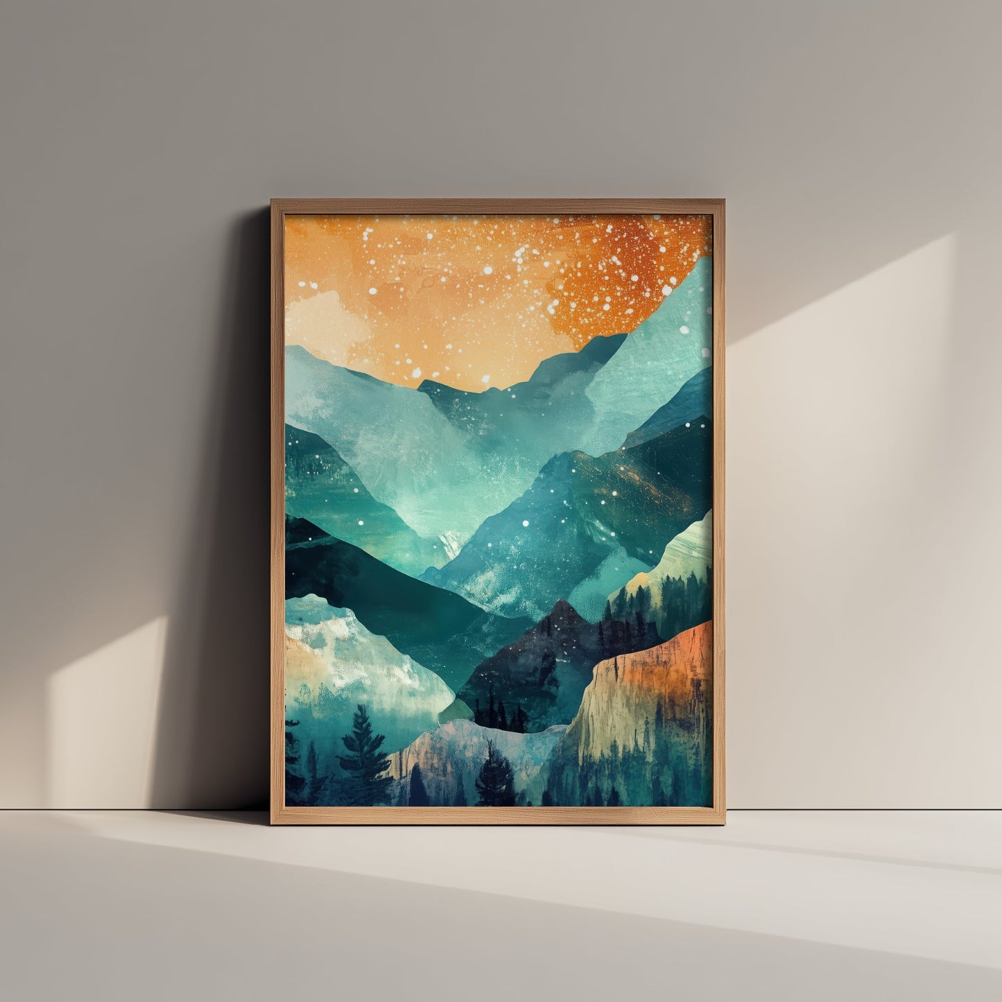 Abstract Mountain Valley Art Print - Teal and Orange Boho Landscape Poster - Mid Century Painting - Starry Sky V11 2/3