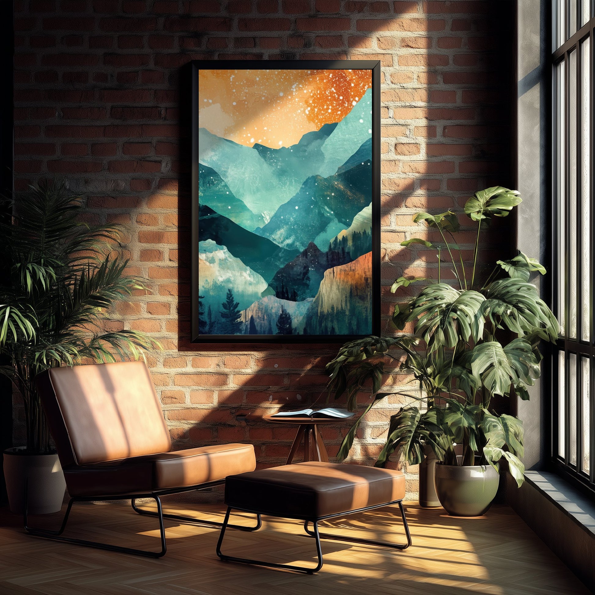 Abstract Mountain Valley Art Print - Teal and Orange Boho Landscape Poster - Mid Century Painting - Starry Sky V11 2/3