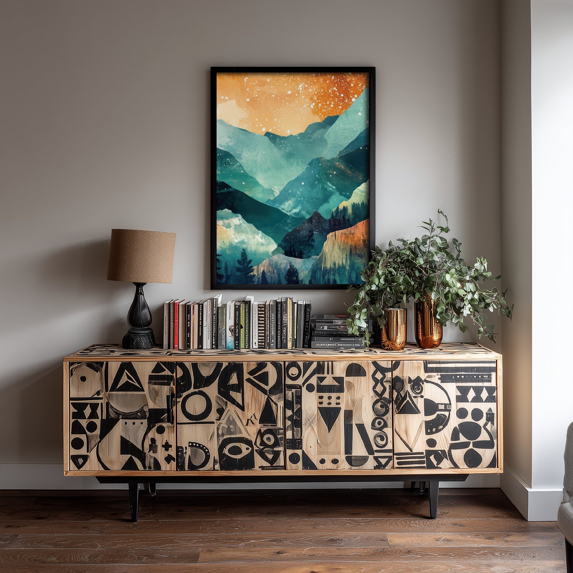 Abstract Mountain Valley Art Print - Teal and Orange Boho Landscape Poster - Mid Century Painting - Starry Sky V11 2/3