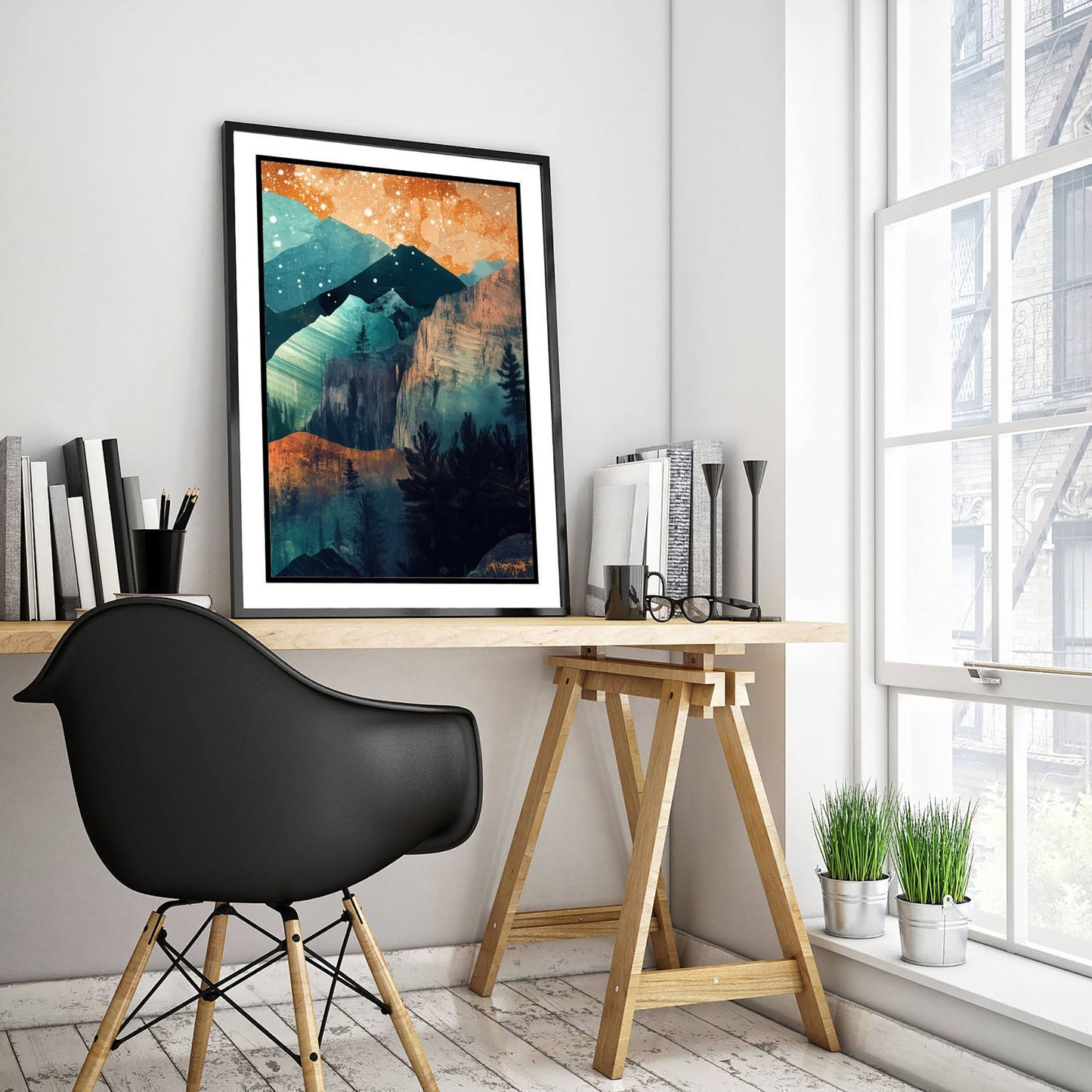 Abstract Mountain Cliffs Art Print - Teal and Orange Boho Landscape Poster - Mid Century Painting - Pine Forest V11 3/3