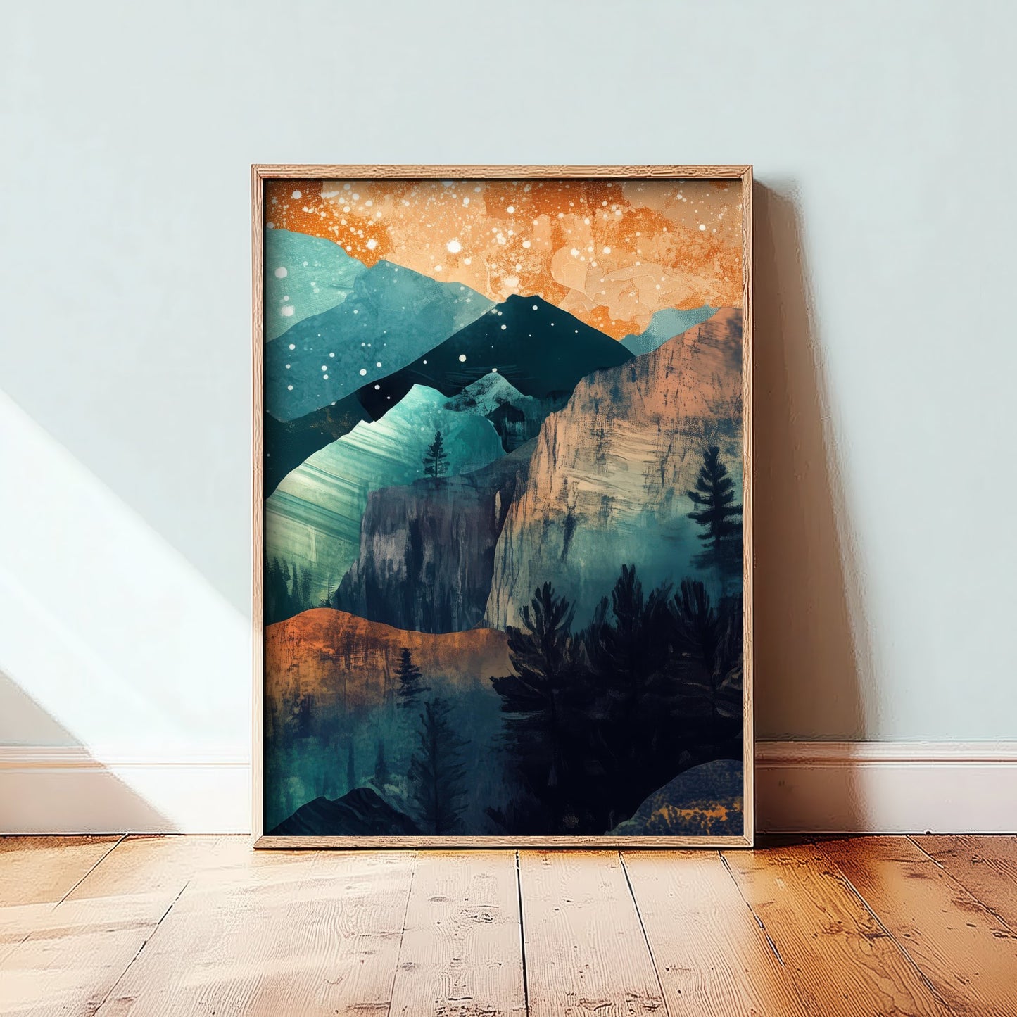 Abstract Mountain Cliffs Art Print - Teal and Orange Boho Landscape Poster - Mid Century Painting - Pine Forest V11 3/3