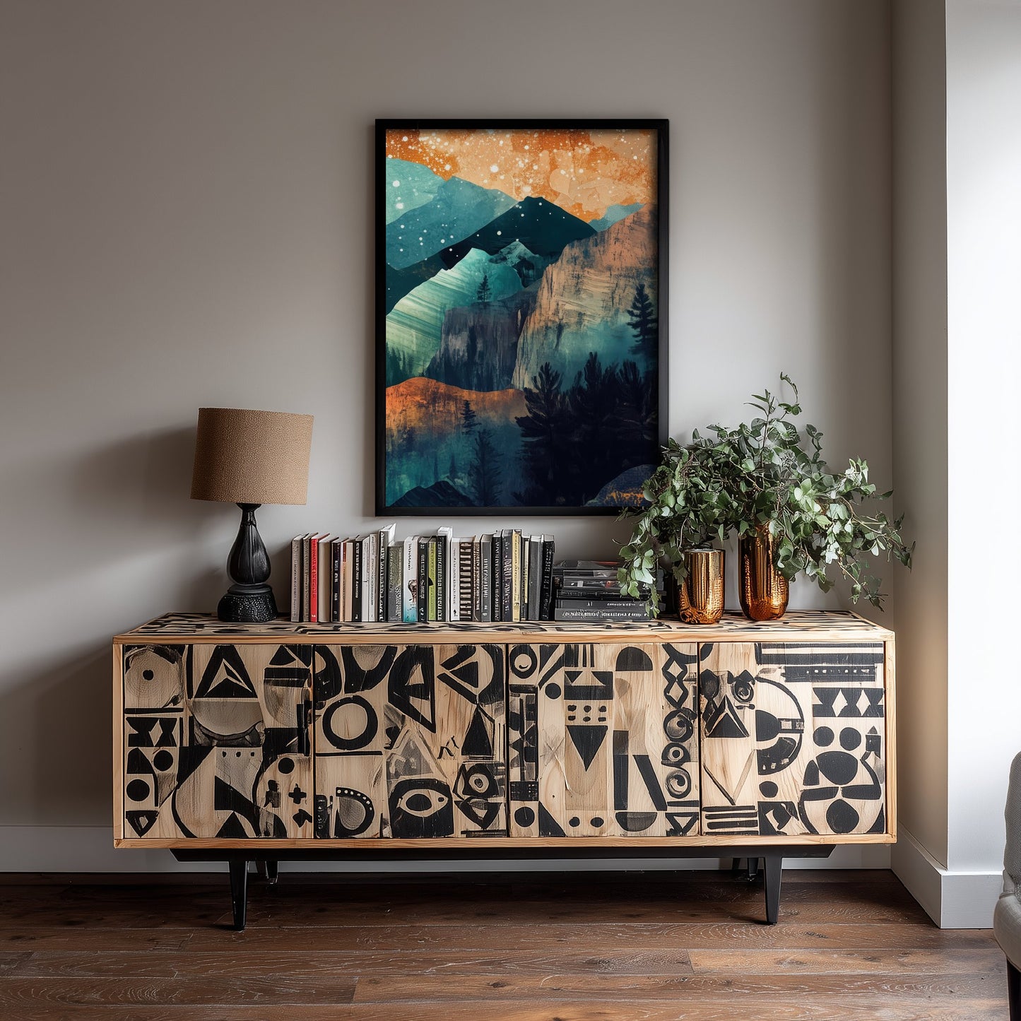 Abstract Mountain Cliffs Art Print - Teal and Orange Boho Landscape Poster - Mid Century Painting - Pine Forest V11 3/3