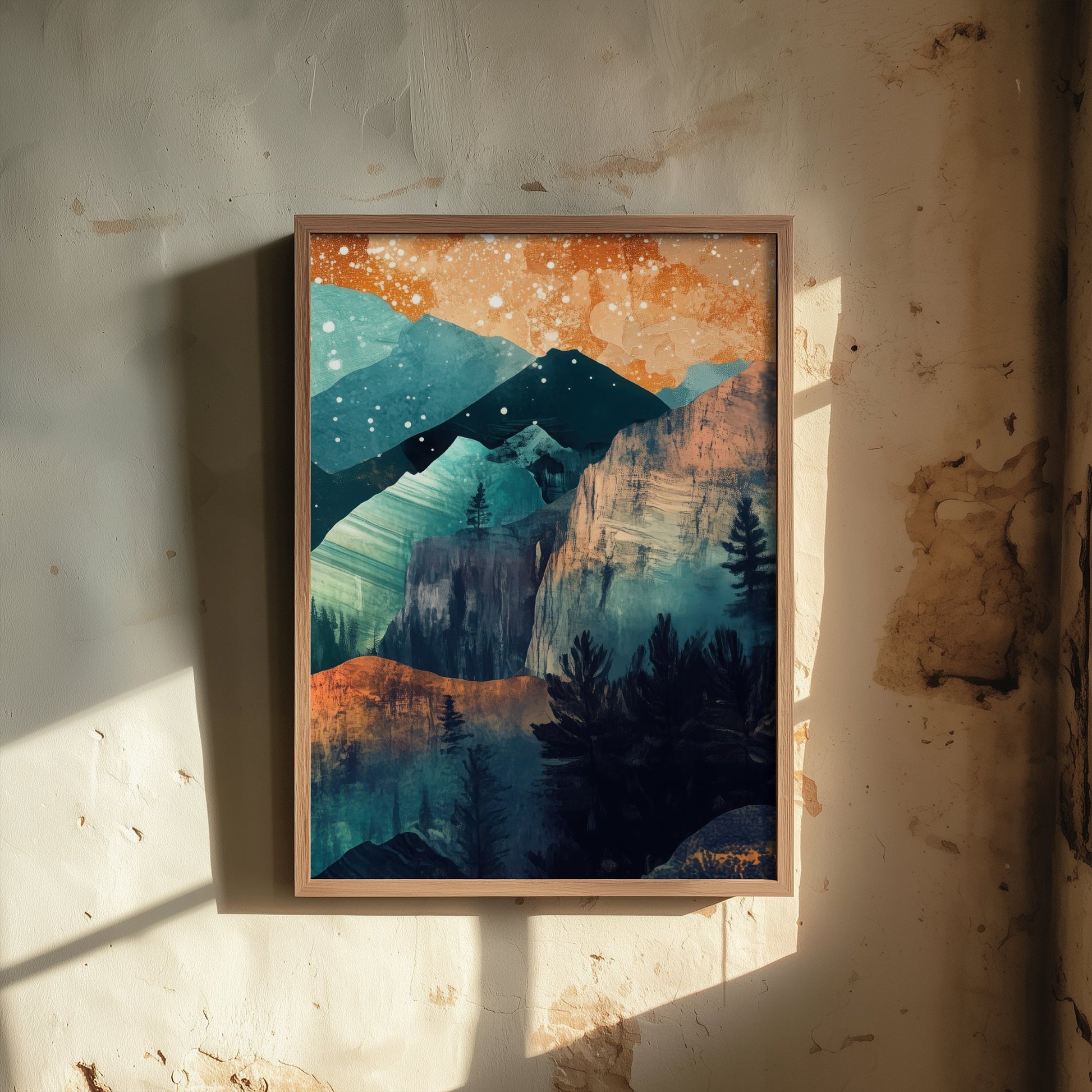 Abstract Mountain Cliffs Art Print - Teal and Orange Boho Landscape Poster - Mid Century Painting - Pine Forest V11 3/3