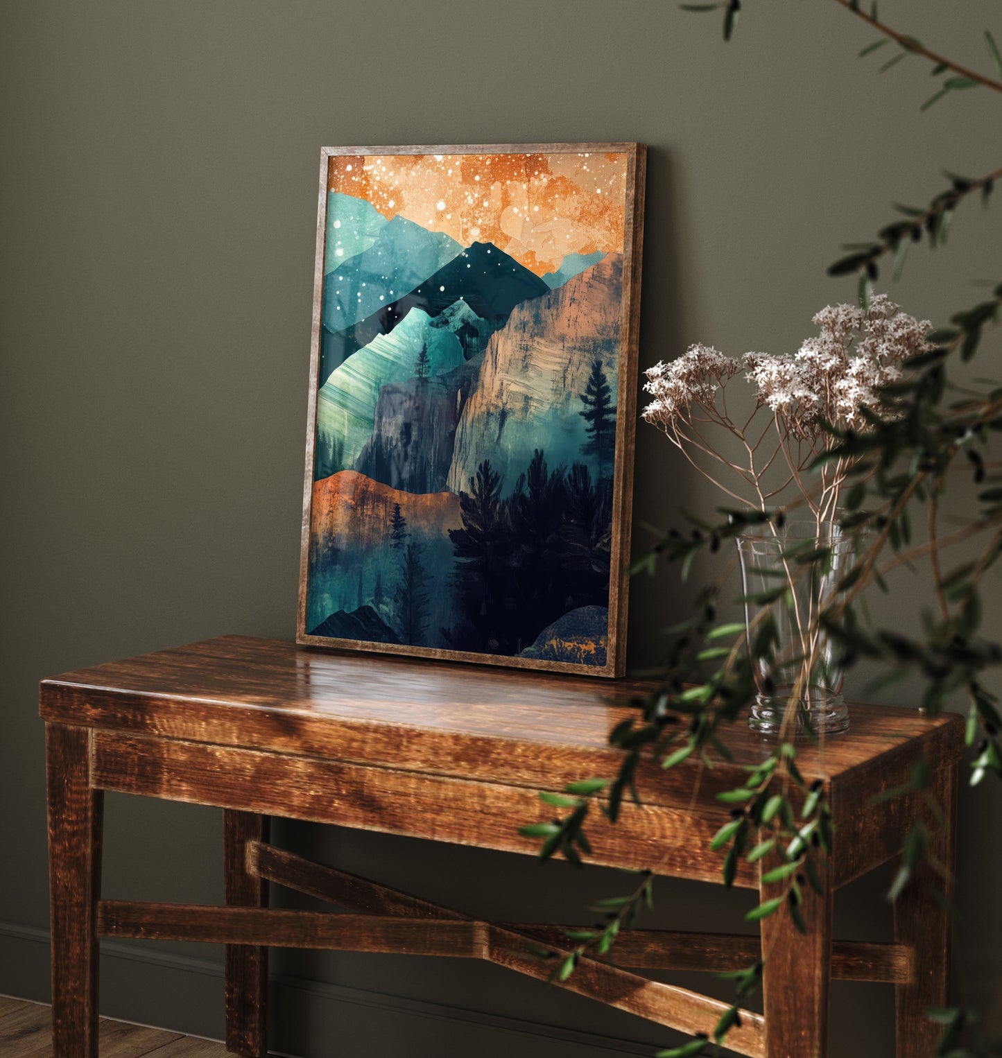 Abstract Mountain Cliffs Art Print - Teal and Orange Boho Landscape Poster - Mid Century Painting - Pine Forest V11 3/3