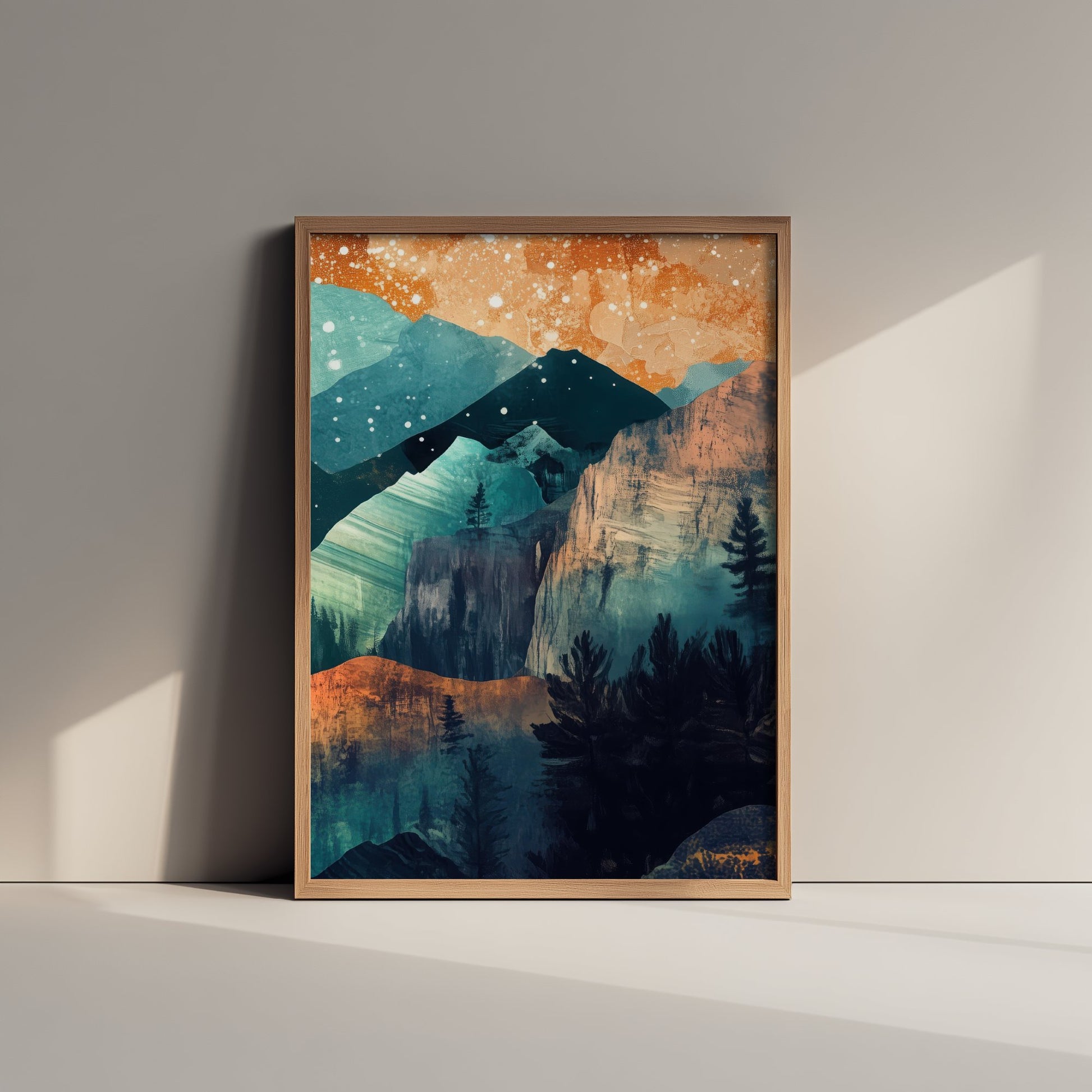 Abstract Mountain Cliffs Art Print - Teal and Orange Boho Landscape Poster - Mid Century Painting - Pine Forest V11 3/3