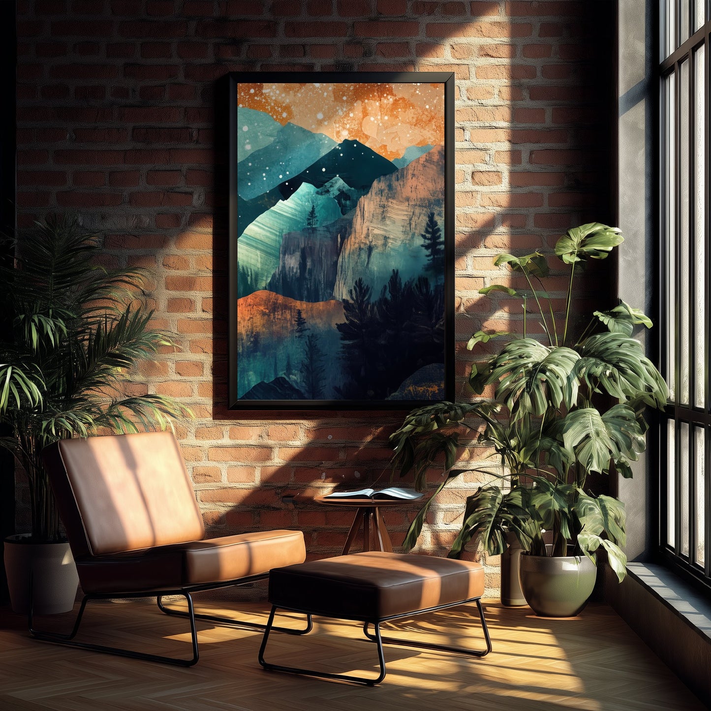 Abstract Mountain Cliffs Art Print - Teal and Orange Boho Landscape Poster - Mid Century Painting - Pine Forest V11 3/3