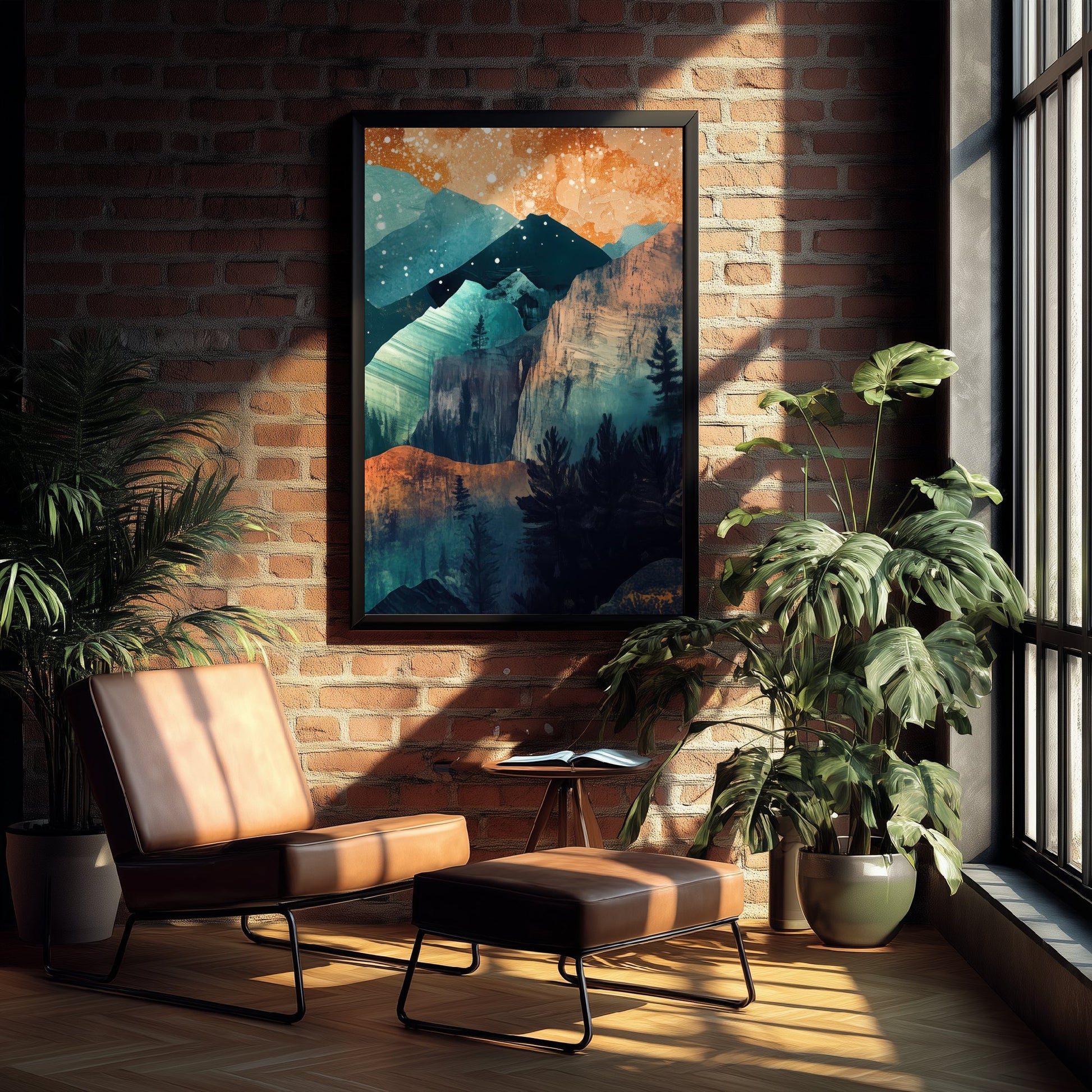 Abstract Mountain Cliffs Art Print - Teal and Orange Boho Landscape Poster - Mid Century Painting - Pine Forest V11 3/3