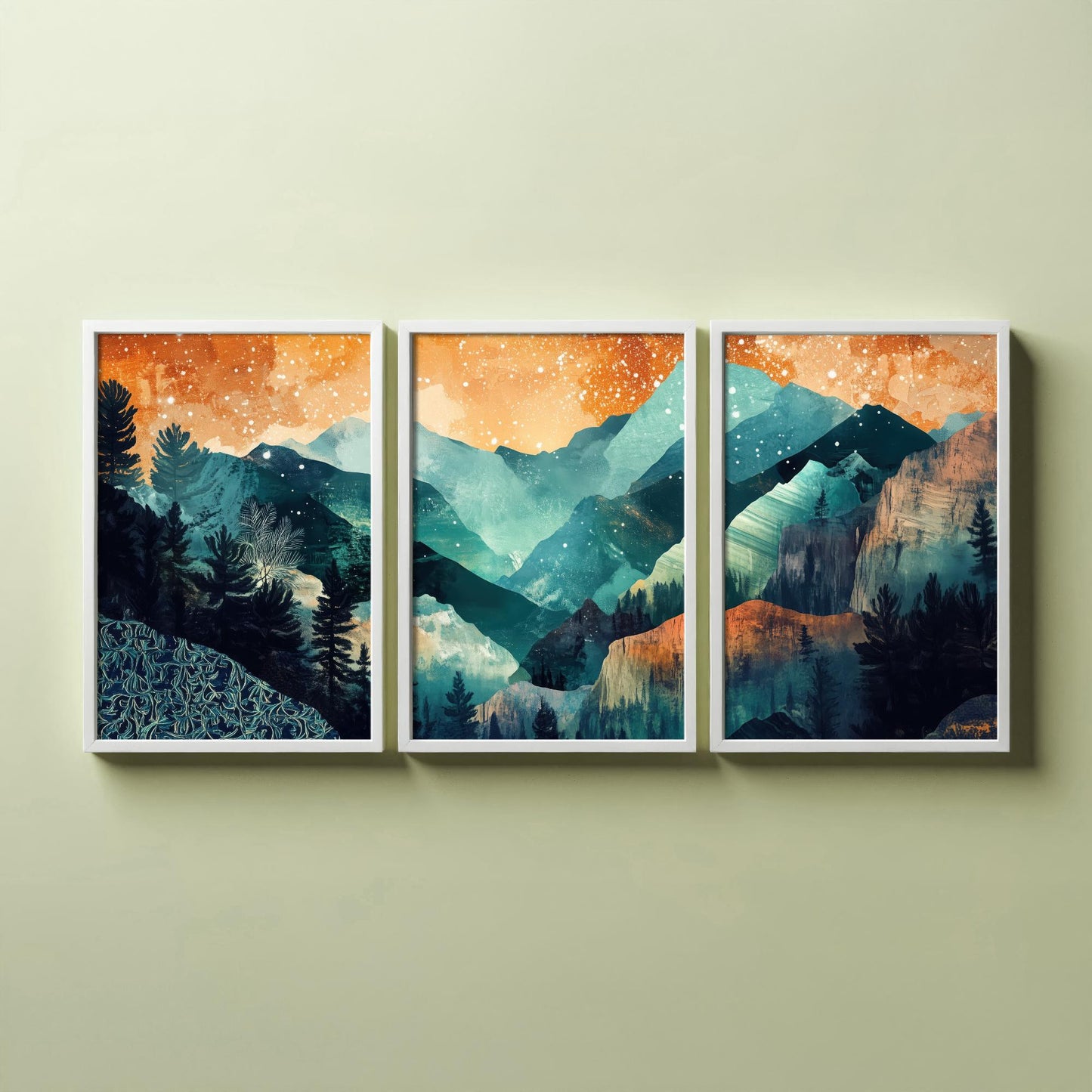 Conceptual Canyon Set of Three Prints V11 - Starry Layered Mountains - Boho Abstract Landscape Illustration Poster Wall Art Teal