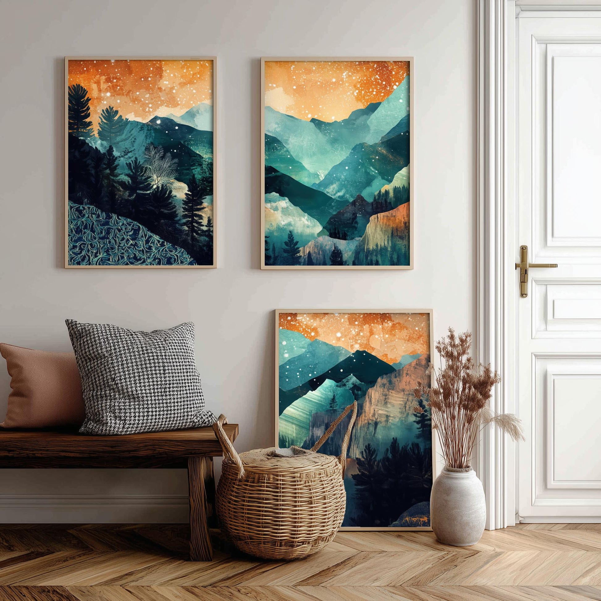 Conceptual Canyon Set of Three Prints V11 - Starry Layered Mountains - Boho Abstract Landscape Illustration Poster Wall Art Teal