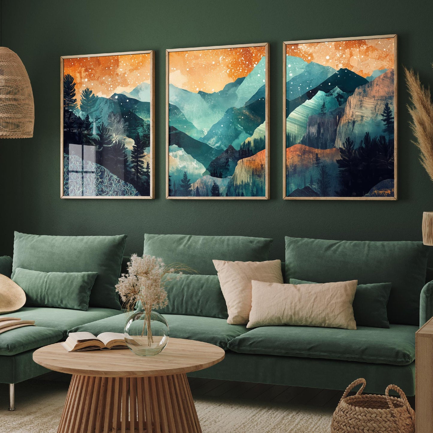 Conceptual Canyon Set of Three Prints V11 - Starry Layered Mountains - Boho Abstract Landscape Illustration Poster Wall Art Teal