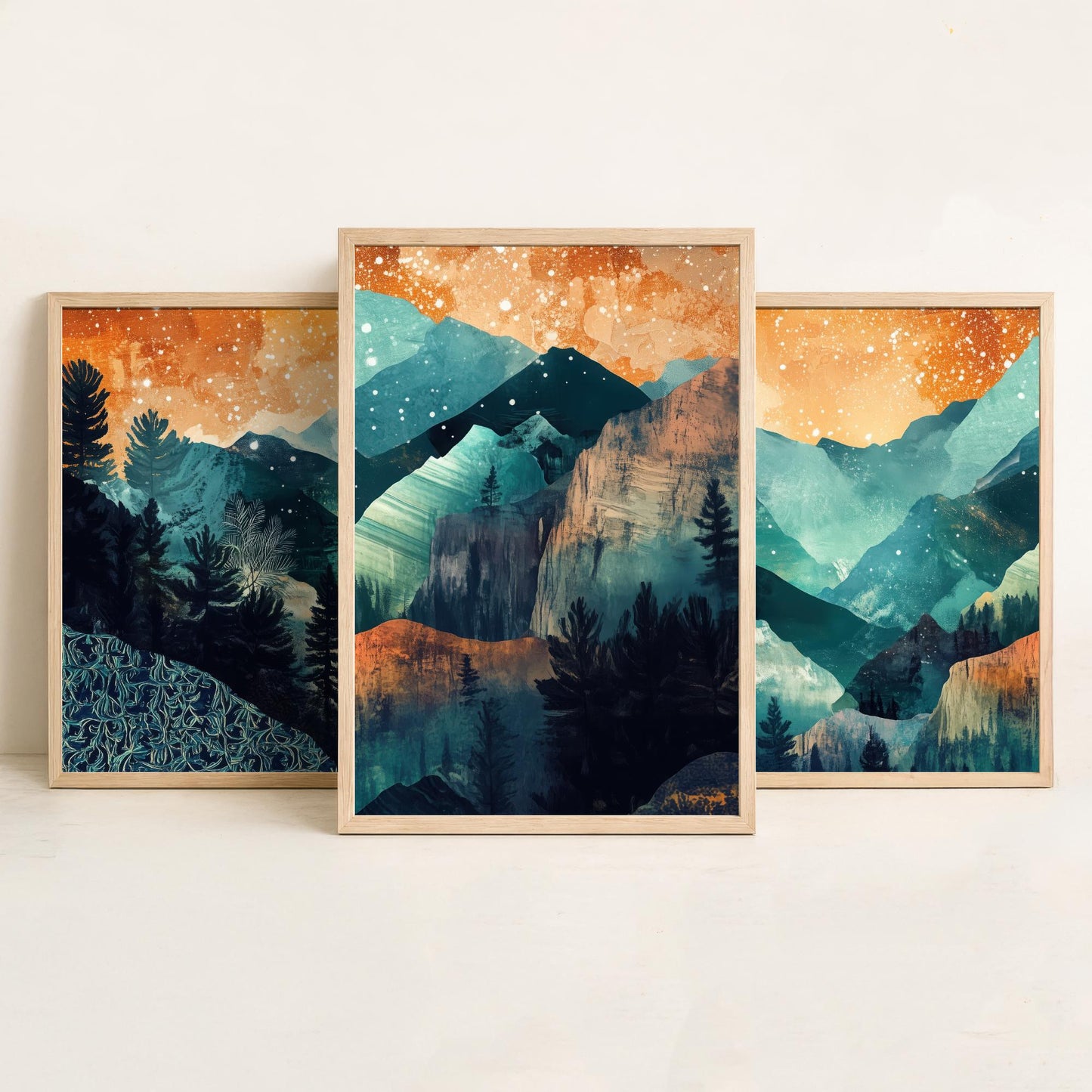 Conceptual Canyon Set of Three Prints V11 - Starry Layered Mountains - Boho Abstract Landscape Illustration Poster Wall Art Teal
