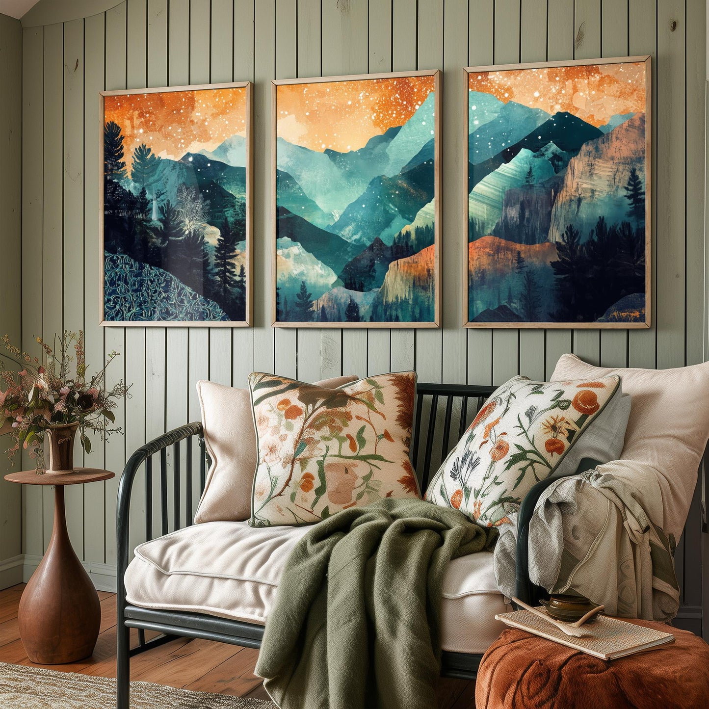 Conceptual Canyon Set of Three Prints V11 - Starry Layered Mountains - Boho Abstract Landscape Illustration Poster Wall Art Teal