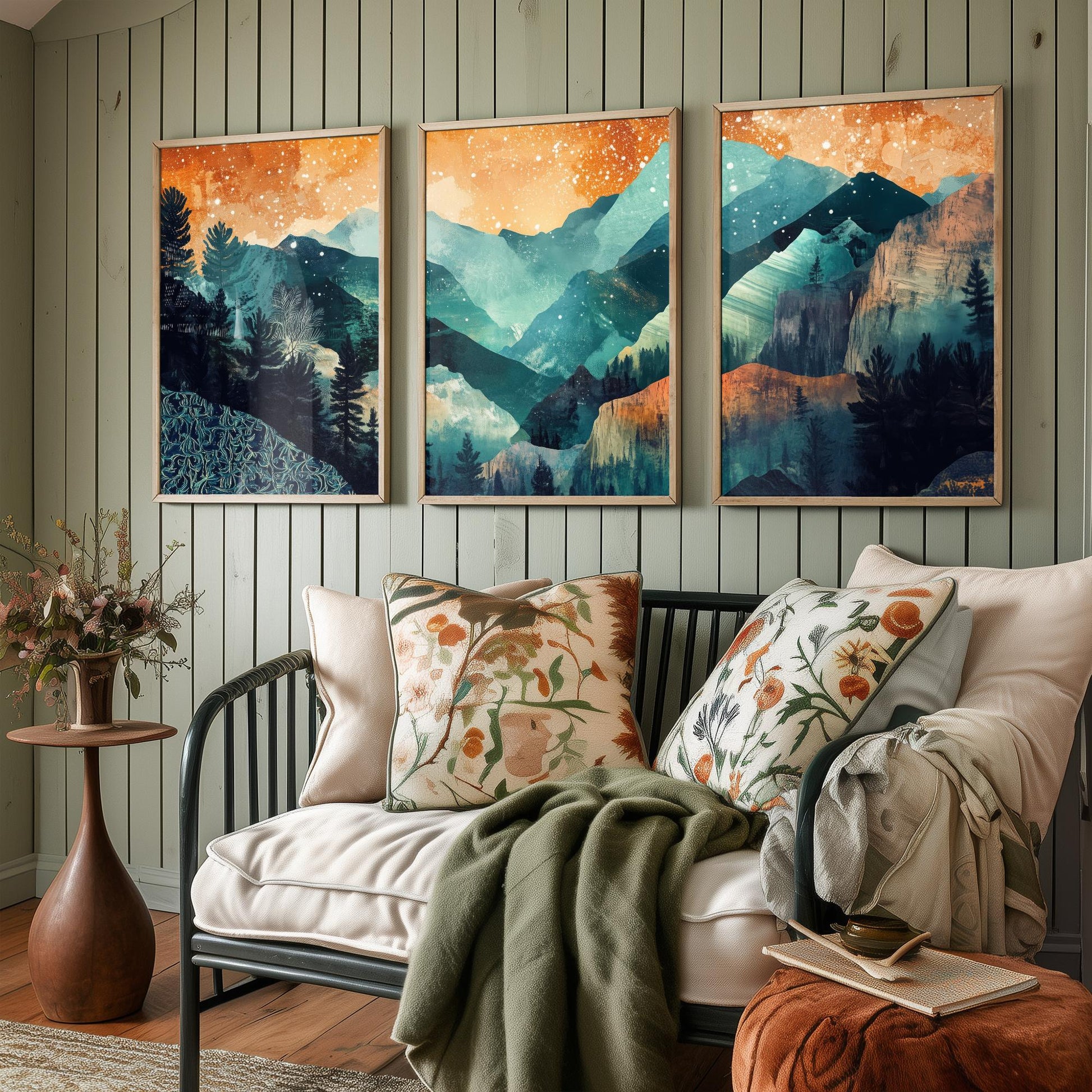 Conceptual Canyon Set of Three Prints V11 - Starry Layered Mountains - Boho Abstract Landscape Illustration Poster Wall Art Teal