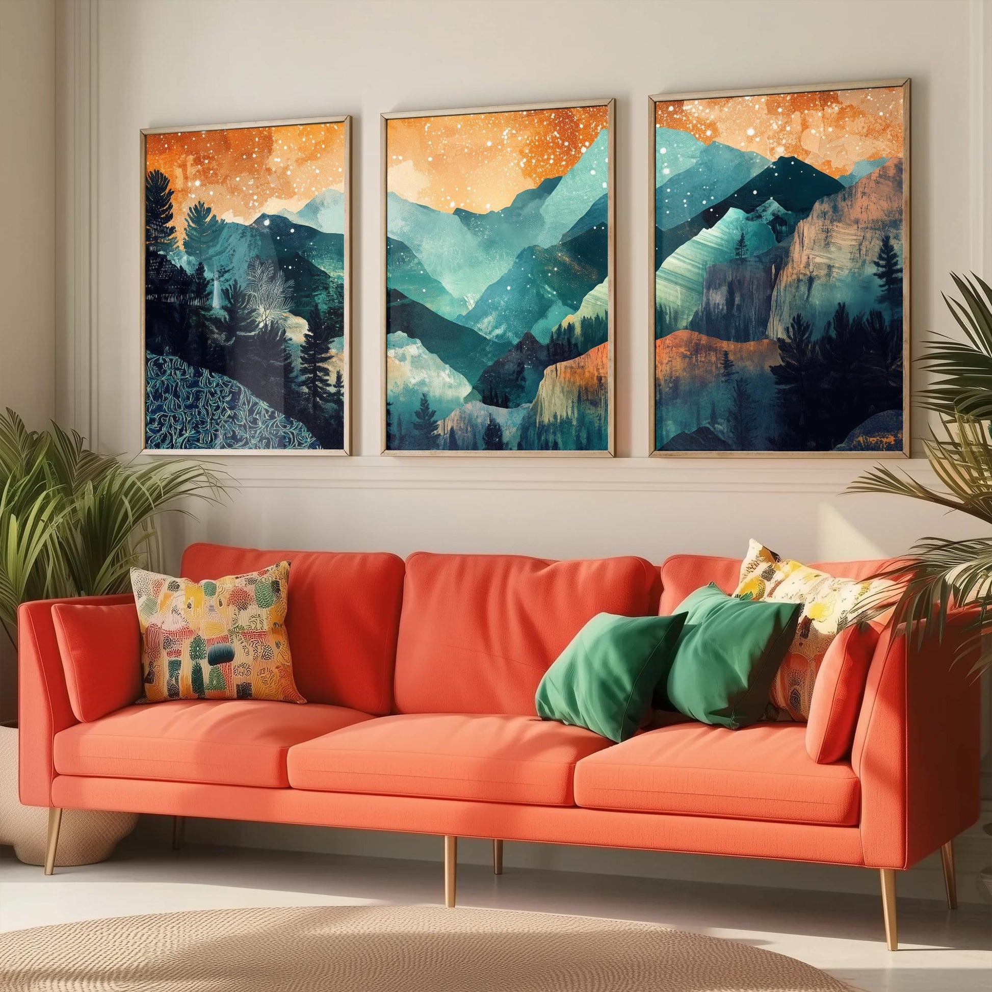 Conceptual Canyon Set of Three Prints V11 - Starry Layered Mountains - Boho Abstract Landscape Illustration Poster Wall Art Teal