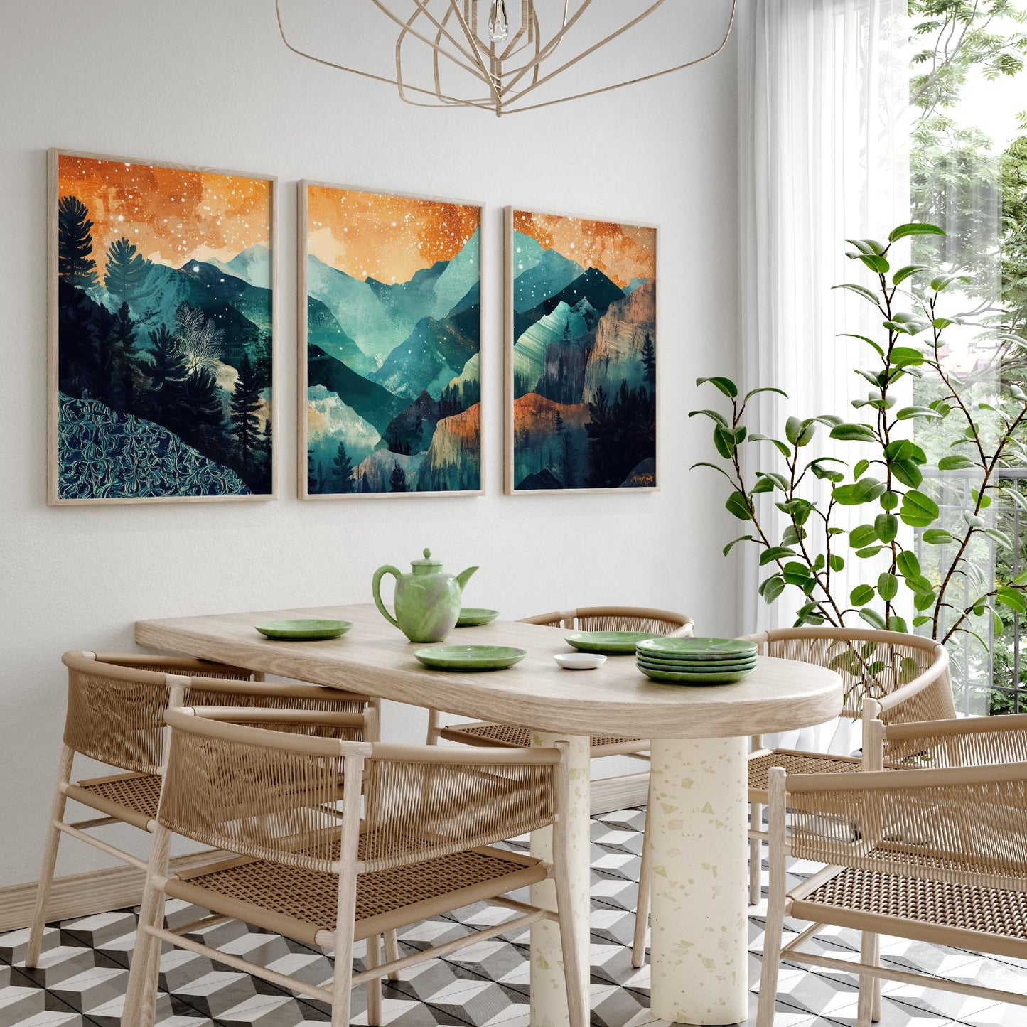 Conceptual Canyon Set of Three Prints V11 - Starry Layered Mountains - Boho Abstract Landscape Illustration Poster Wall Art Teal