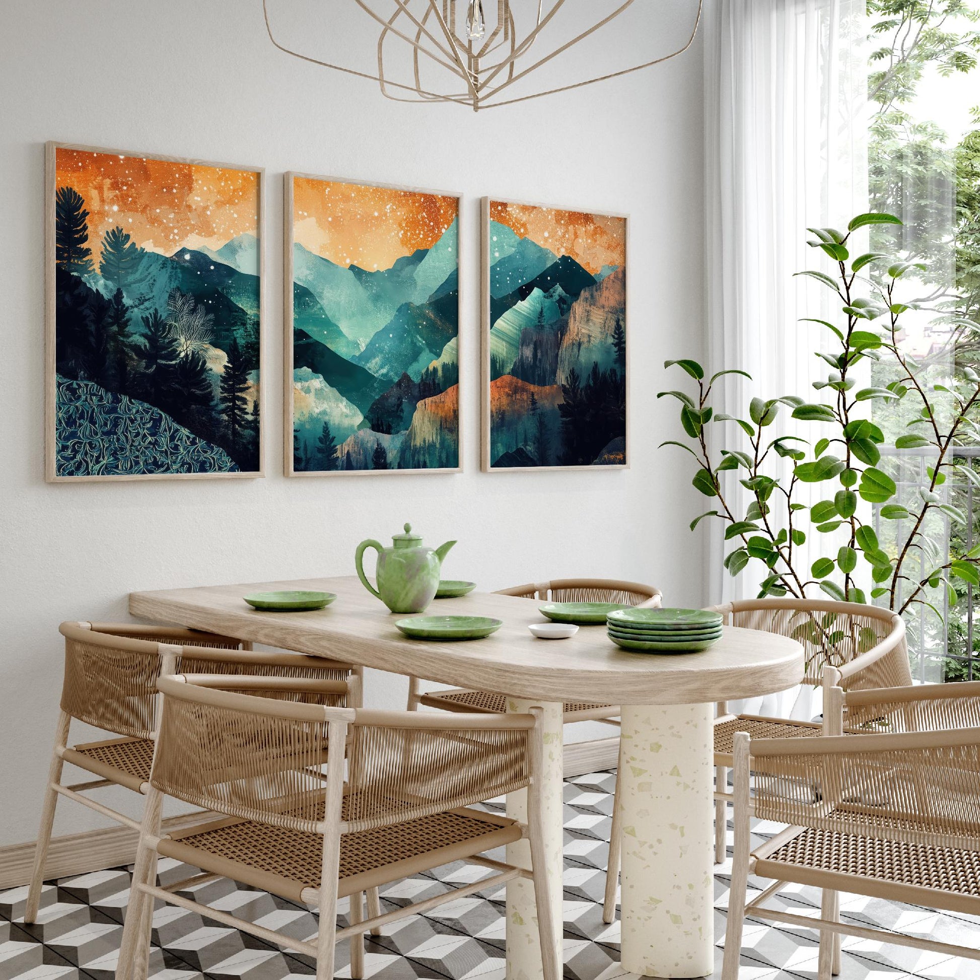 Conceptual Canyon Set of Three Prints V11 - Starry Layered Mountains - Boho Abstract Landscape Illustration Poster Wall Art Teal
