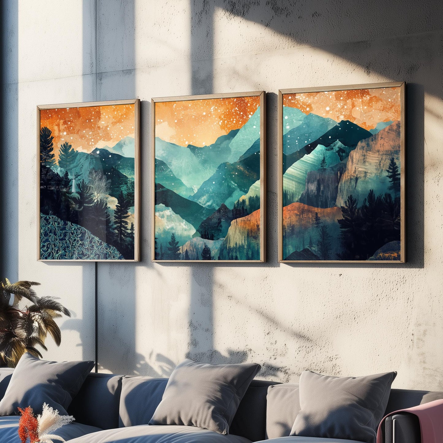 Conceptual Canyon Set of Three Prints V11 - Starry Layered Mountains - Boho Abstract Landscape Illustration Poster Wall Art Teal