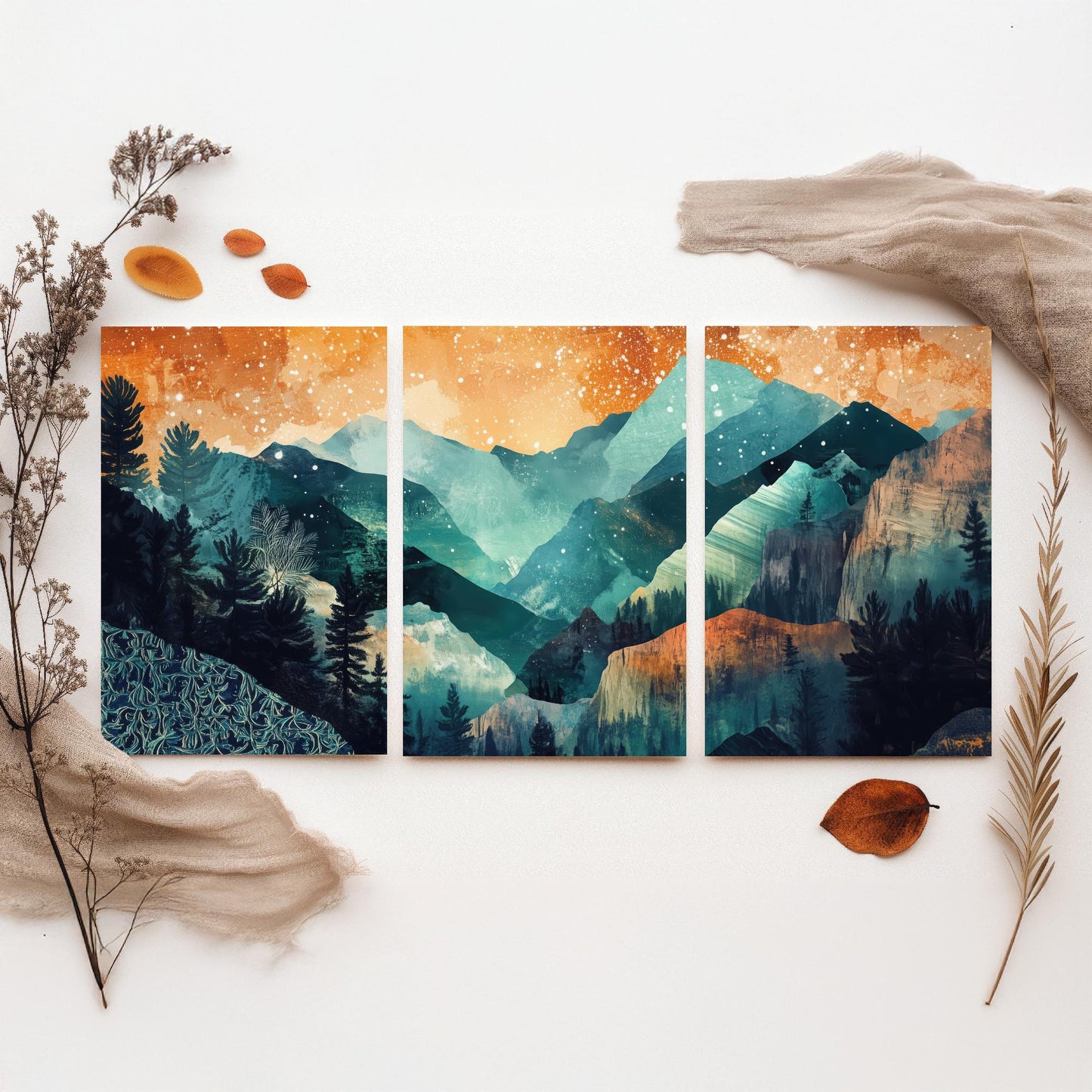 Conceptual Canyon Set of Three Prints V11 - Starry Layered Mountains - Boho Abstract Landscape Illustration Poster Wall Art Teal