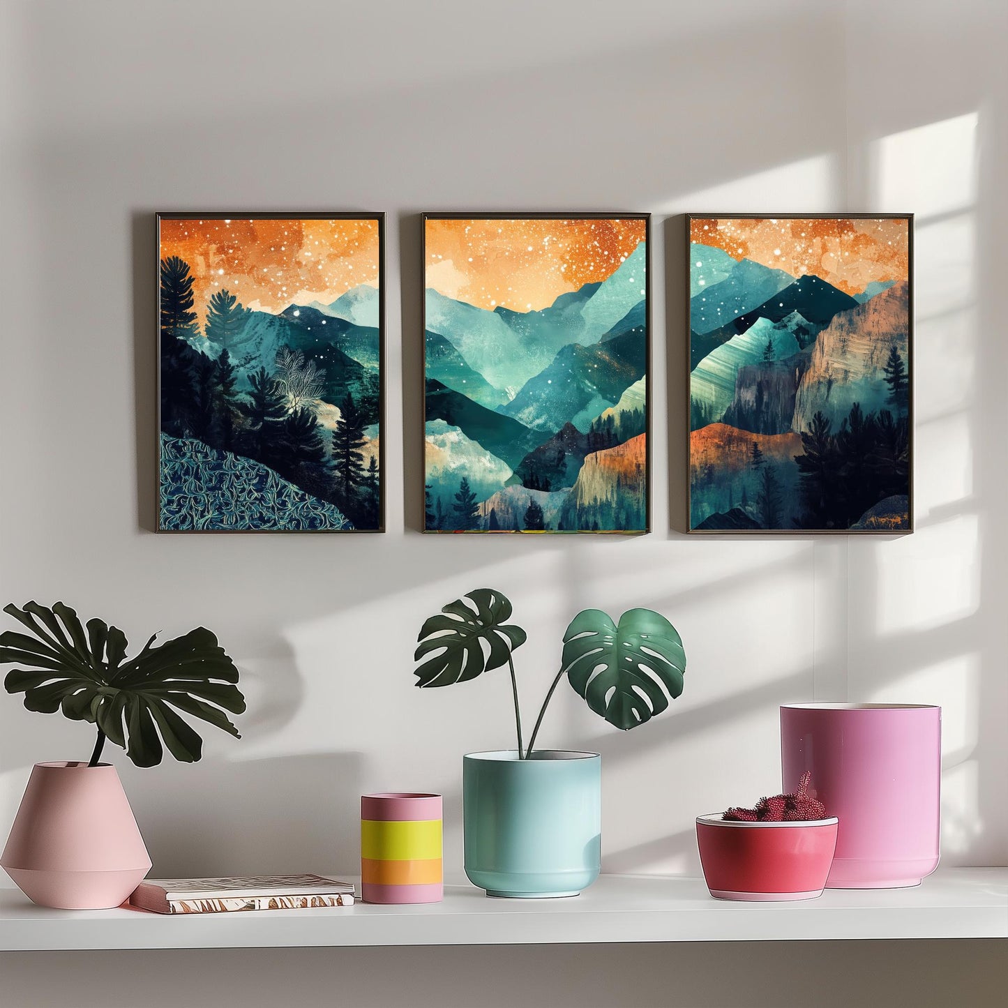 Conceptual Canyon Set of Three Prints V11 - Starry Layered Mountains - Boho Abstract Landscape Illustration Poster Wall Art Teal