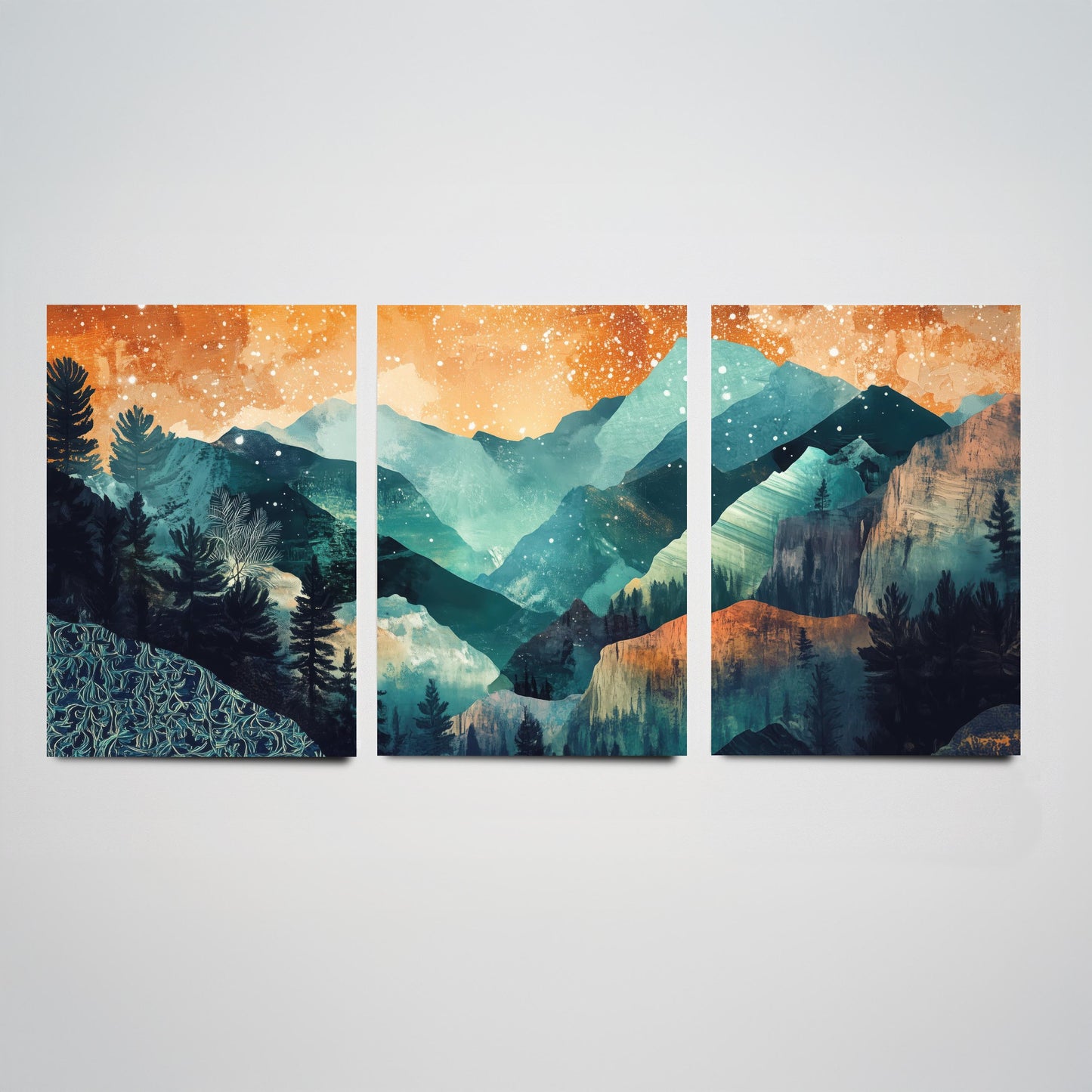 Conceptual Canyon Set of Three Prints V11 - Starry Layered Mountains - Boho Abstract Landscape Illustration Poster Wall Art Teal