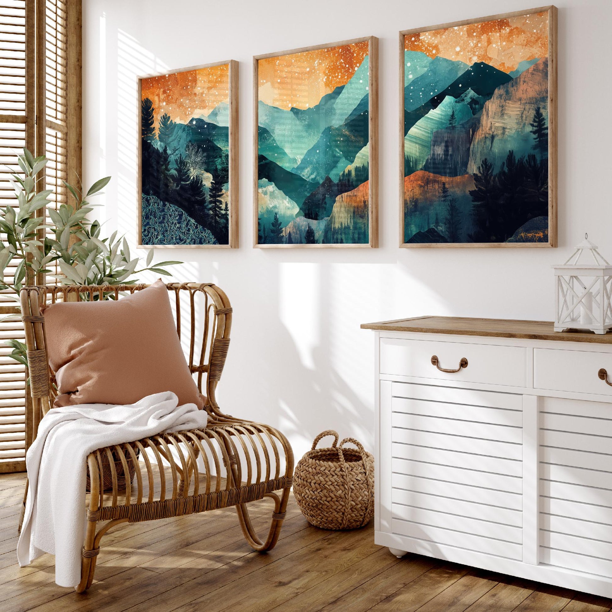 Conceptual Canyon Set of Three Prints V11 - Starry Layered Mountains - Boho Abstract Landscape Illustration Poster Wall Art Teal