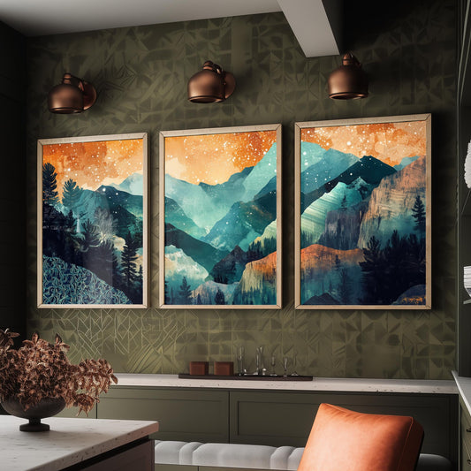 Conceptual Canyon Set of Three Prints V11 - Starry Layered Mountains - Boho Abstract Landscape Illustration Poster Wall Art Teal