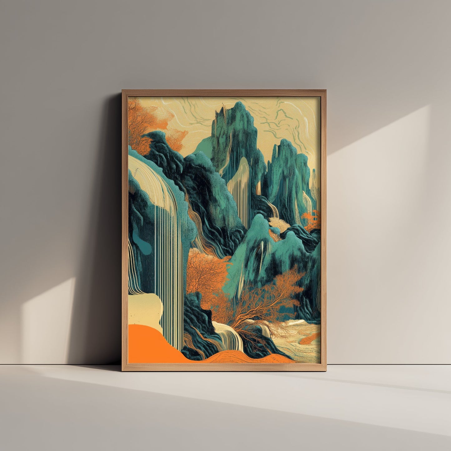 Abstract Asian Landscape Art Print - Teal and Orange Mountains Poster - Boho Waterfall Painting - Ink Style V2 1/3