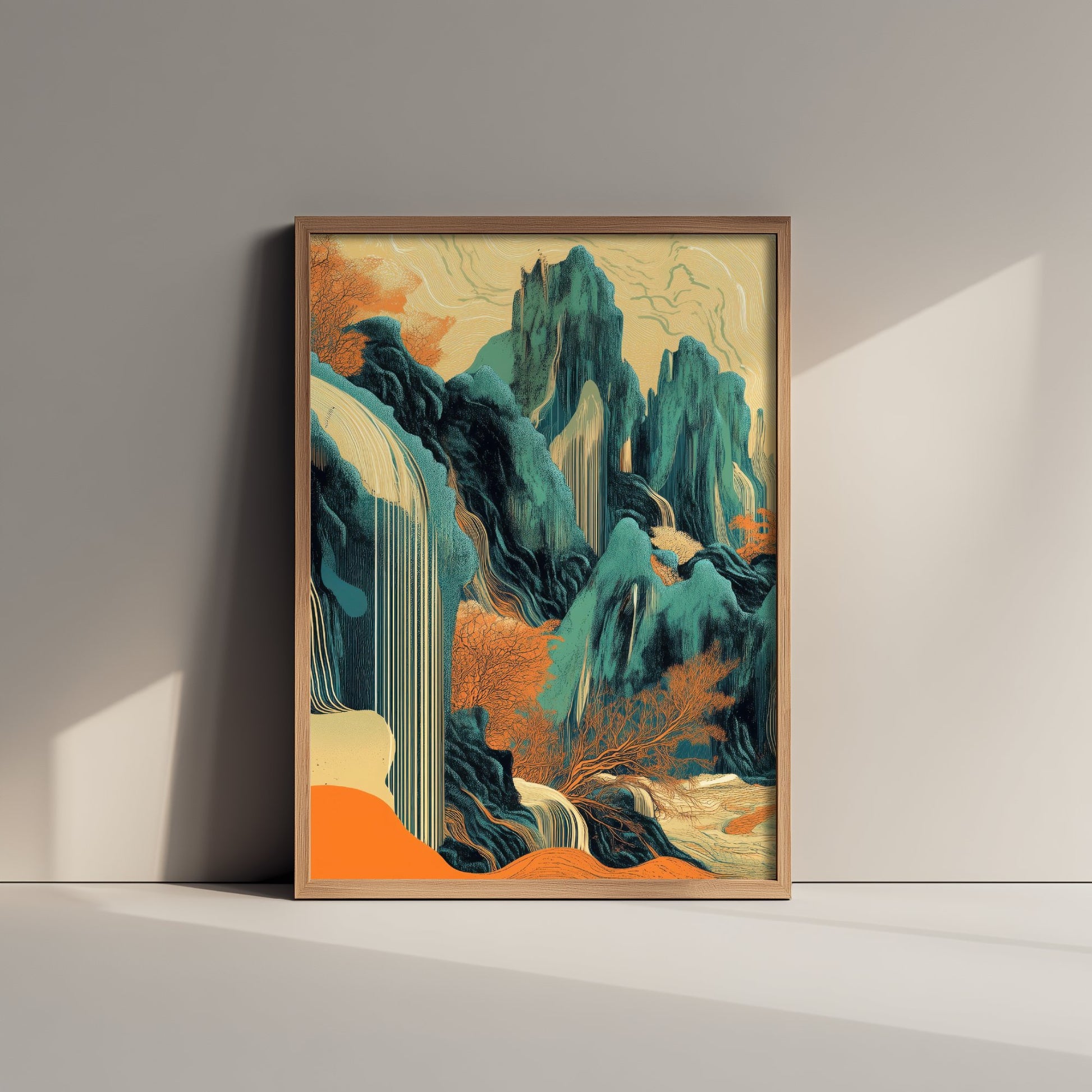 Abstract Asian Landscape Art Print - Teal and Orange Mountains Poster - Boho Waterfall Painting - Ink Style V2 1/3