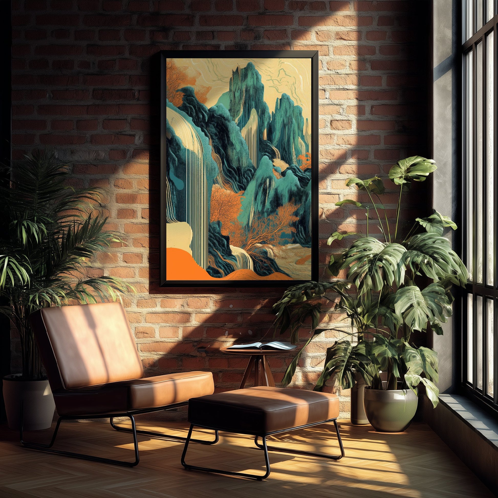 Abstract Asian Landscape Art Print - Teal and Orange Mountains Poster - Boho Waterfall Painting - Ink Style V2 1/3
