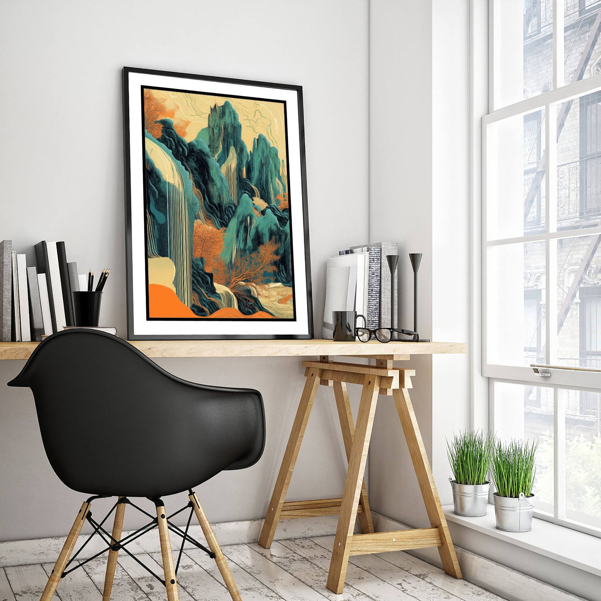 Abstract Asian Landscape Art Print - Teal and Orange Mountains Poster - Boho Waterfall Painting - Ink Style V2 1/3
