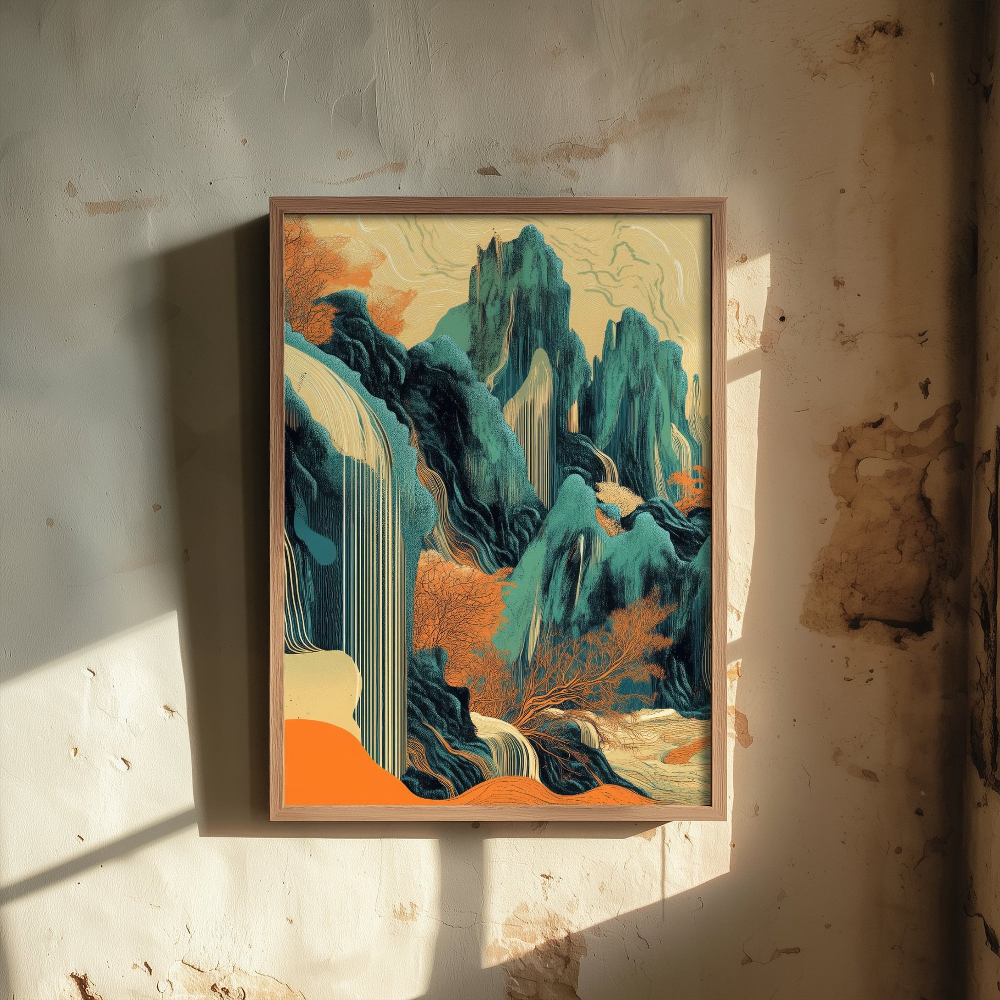 Abstract Asian Landscape Art Print - Teal and Orange Mountains Poster - Boho Waterfall Painting - Ink Style V2 1/3