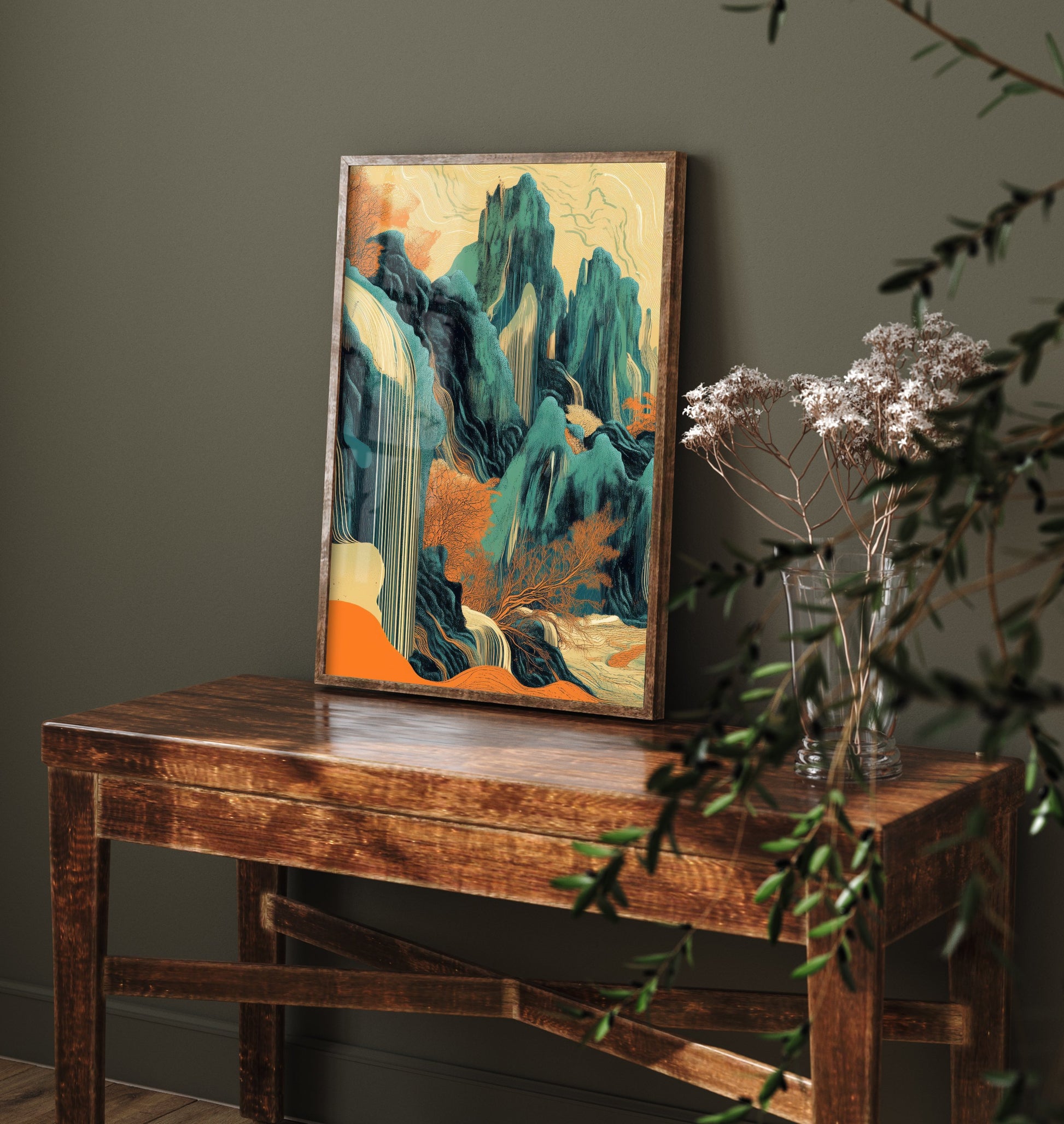 Abstract Asian Landscape Art Print - Teal and Orange Mountains Poster - Boho Waterfall Painting - Ink Style V2 1/3