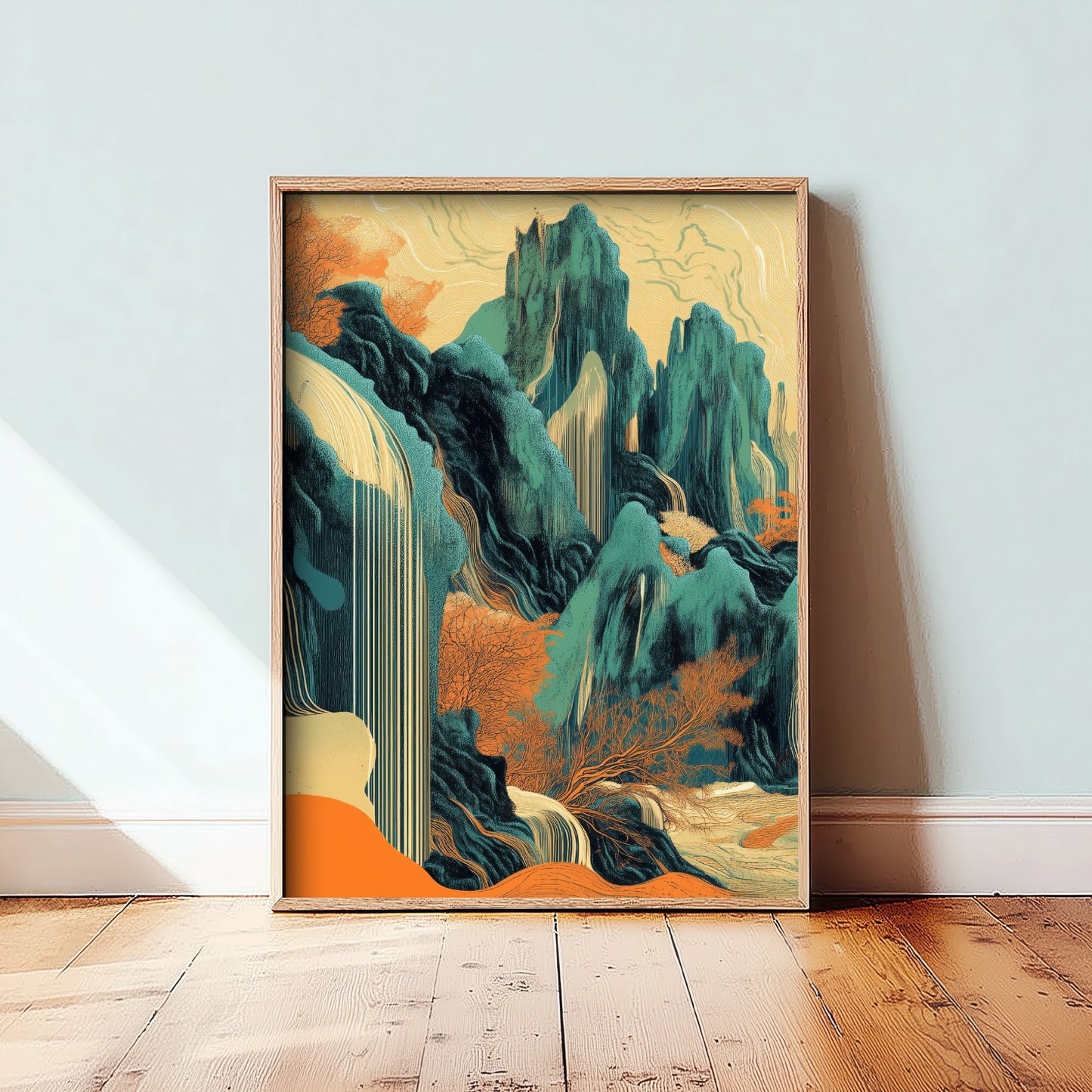 Abstract Asian Landscape Art Print - Teal and Orange Mountains Poster - Boho Waterfall Painting - Ink Style V2 1/3