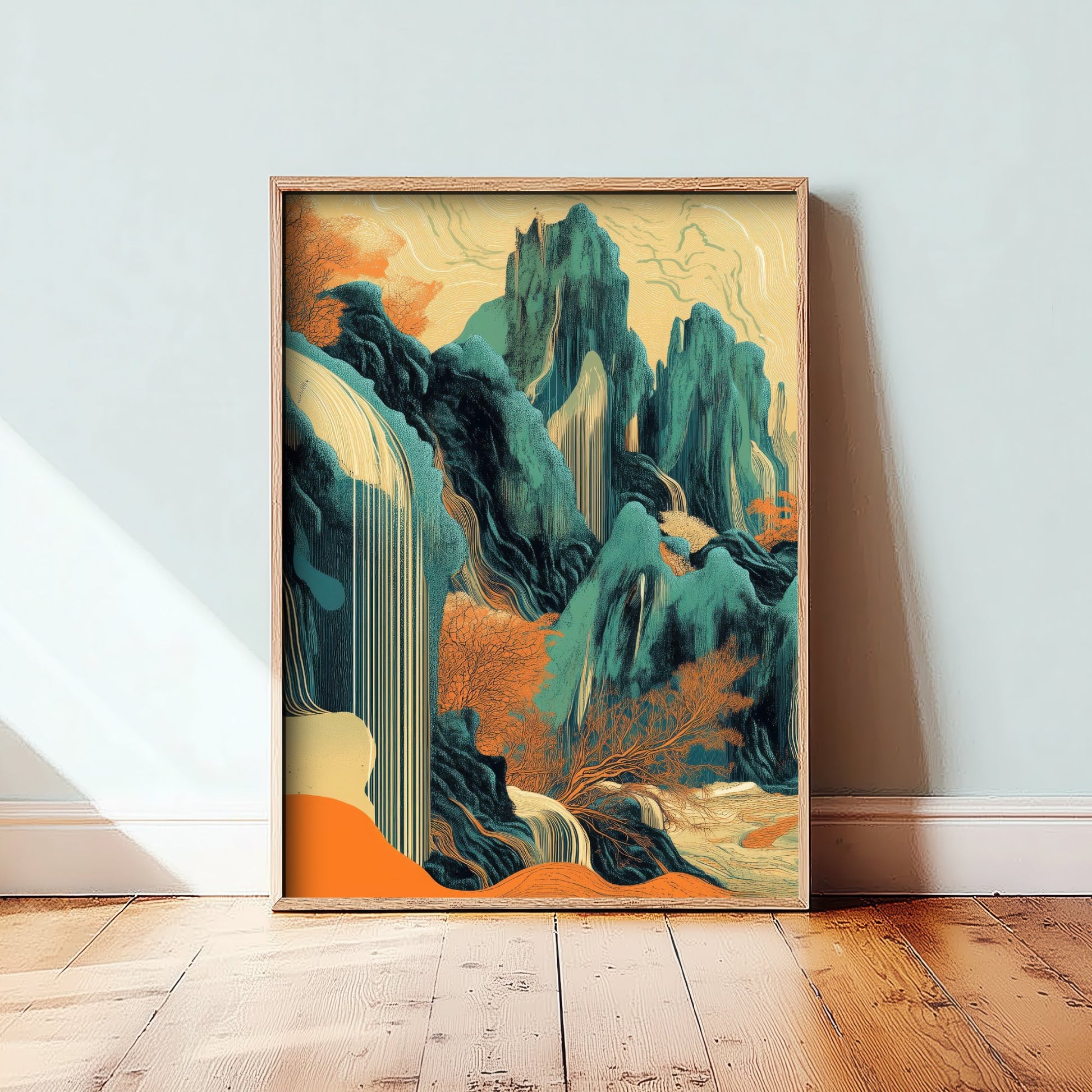 Abstract Asian Landscape Art Print - Teal and Orange Mountains Poster - Boho Waterfall Painting - Ink Style V2 1/3