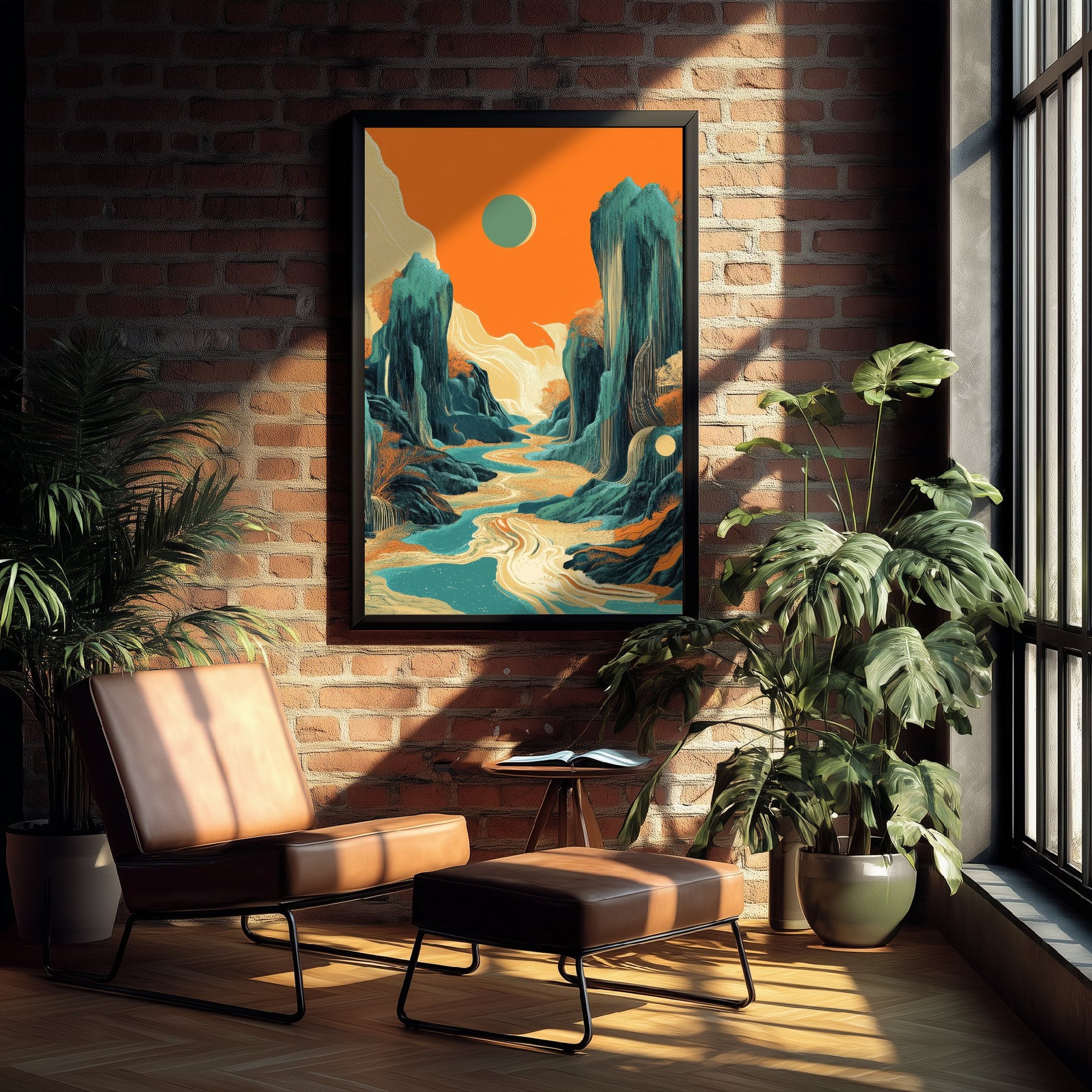 Abstract Asian Landscape Art Print - Teal and Orange Mountains Poster - Boho River Painting - Rising Sun V2 2/3
