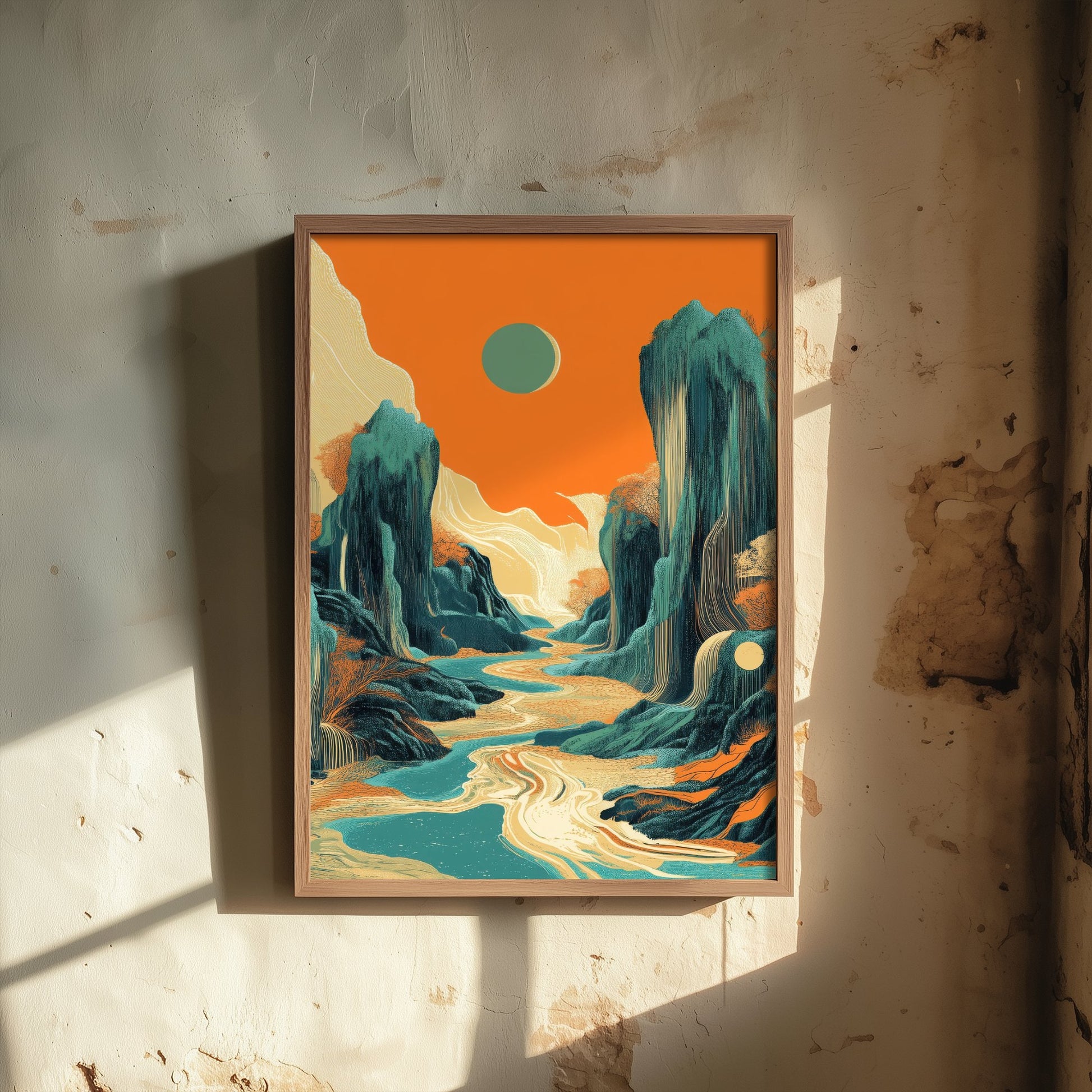 Abstract Asian Landscape Art Print - Teal and Orange Mountains Poster - Boho River Painting - Rising Sun V2 2/3