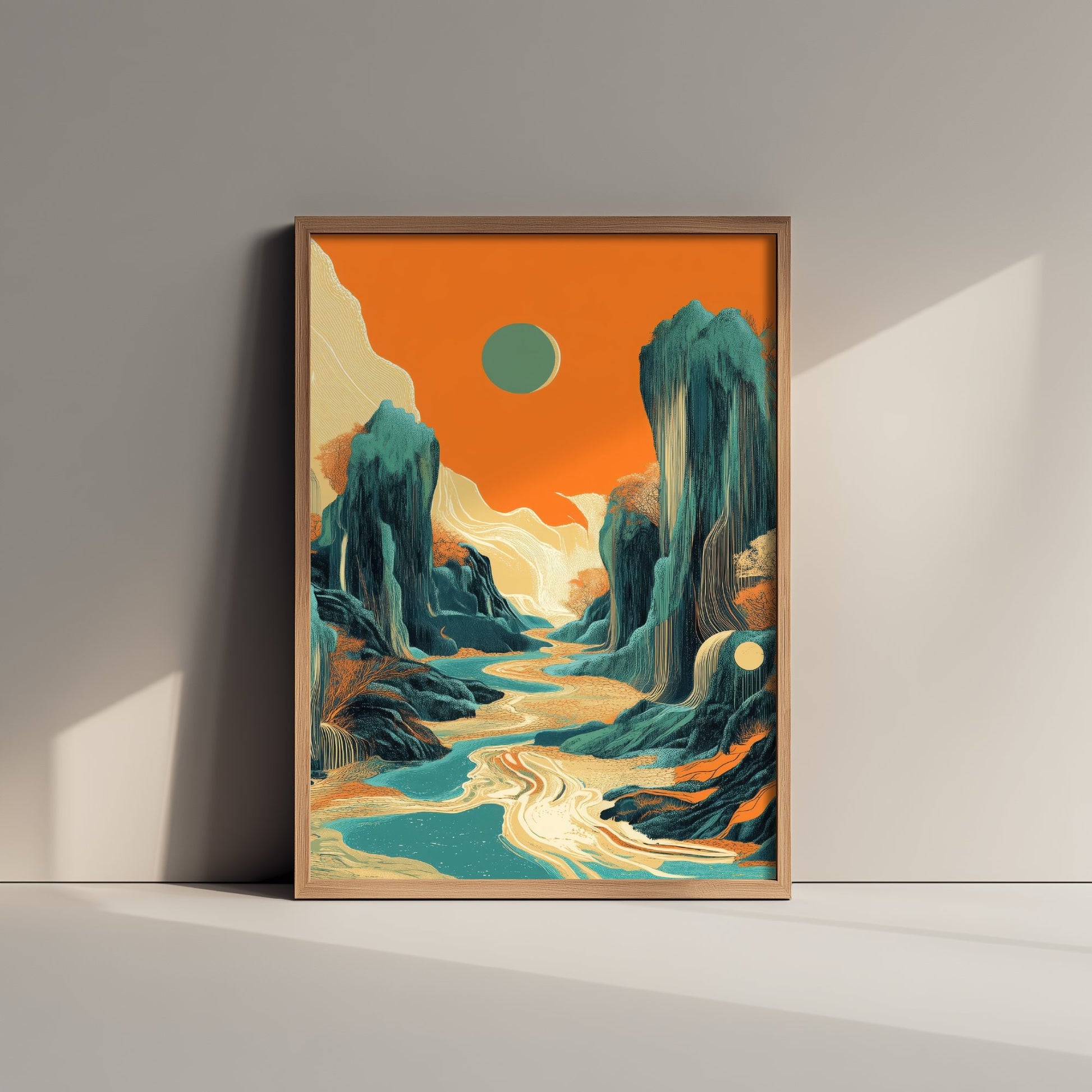 Abstract Asian Landscape Art Print - Teal and Orange Mountains Poster - Boho River Painting - Rising Sun V2 2/3