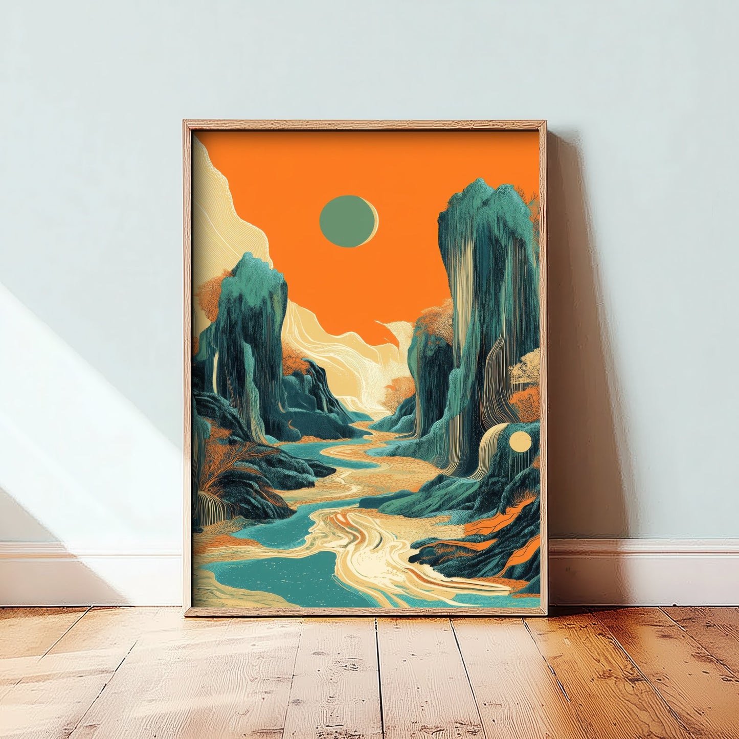 Abstract Asian Landscape Art Print - Teal and Orange Mountains Poster - Boho River Painting - Rising Sun V2 2/3